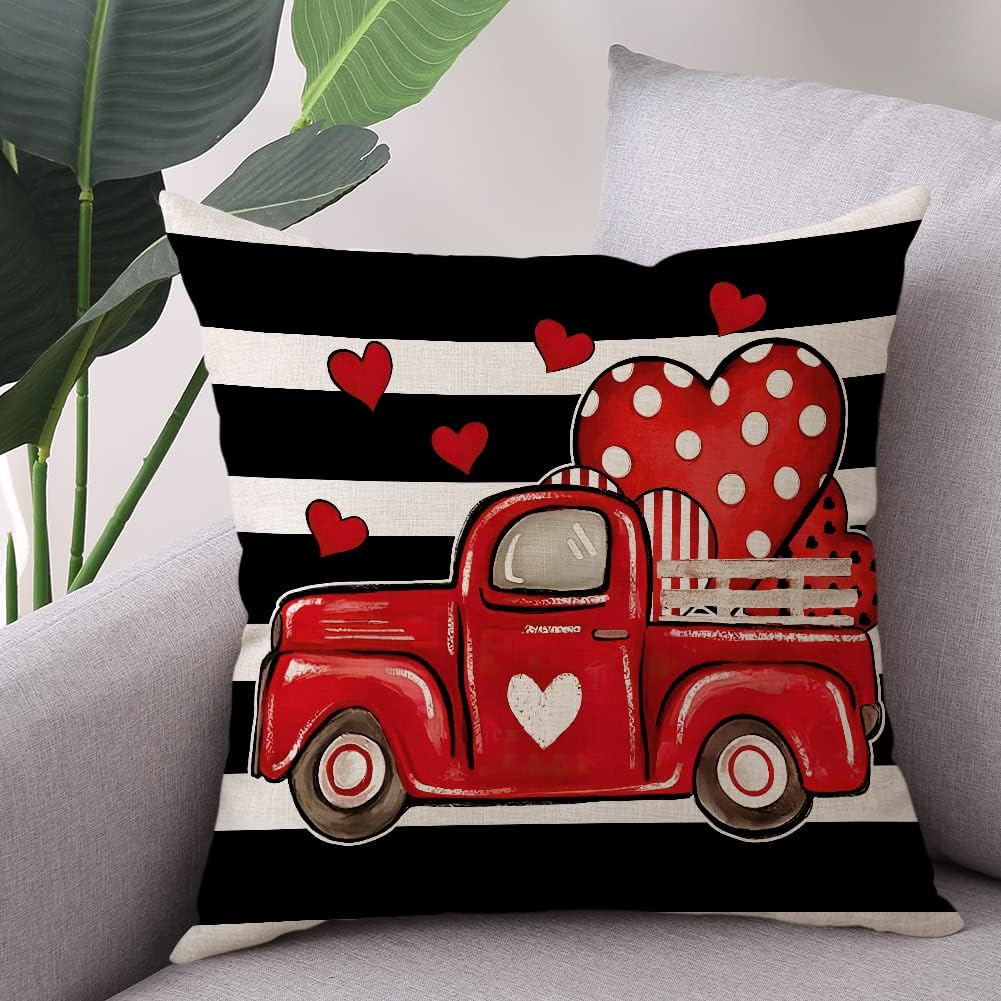 Valentines Day Pillow Covers 18x18 Set of 4 Polka Dot Love Heart Stripe Red Truck Linen Cushion Covers Square Valentine's Day Decoration Pillowcase for Sofa in-Outdoor Home Décor BST326L