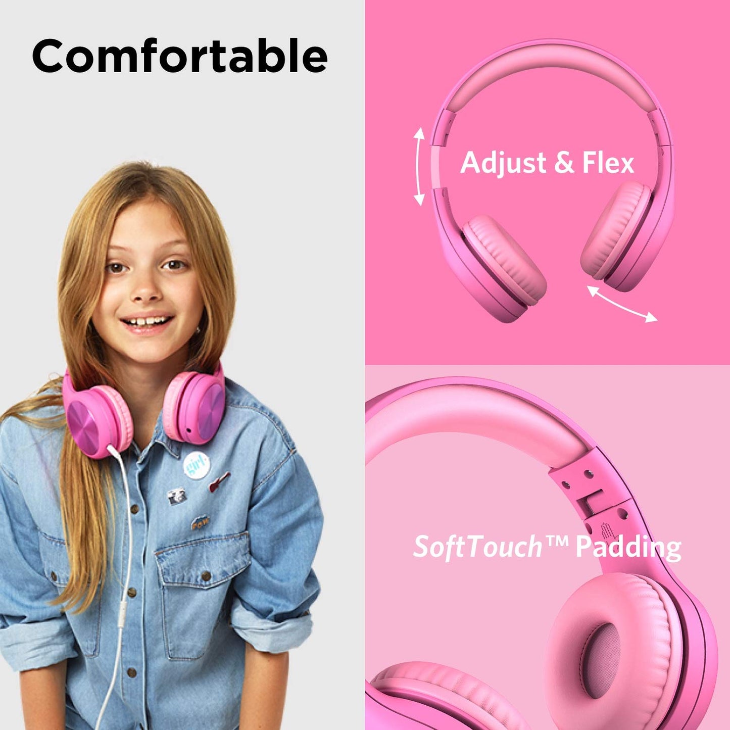 LilGadgets Connect+ Pro Wired Kids Headphones for School with Microphone, Volume Limiting Over-Ear Headset with Cord, SharePort Technology & SoftTouch Padding, Blue