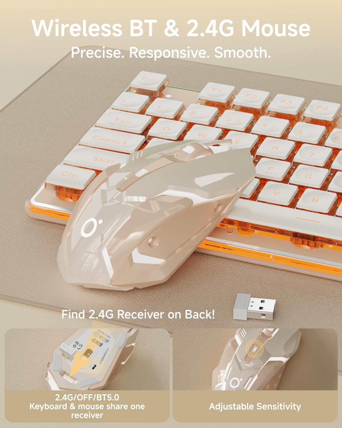 V3 Wireless Keyboard and Mouse with Single Backlit, Metal Panel, Bluetooth/2.4G Rechargeable Computer Keyboard and Mouse Combo Silent Lighted Full Size Cute Keyboards-White