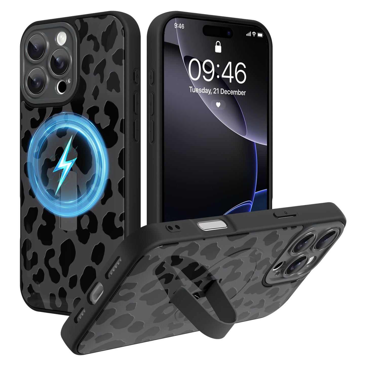 Compatible with iPhone 13 Case, Cute Cheetah Leopard Pattern | Built in Adjustable Wrist Strap Grip Hand Holder Stand Shockproof Kickstand Cover for Women Girls (Black White) WN420
