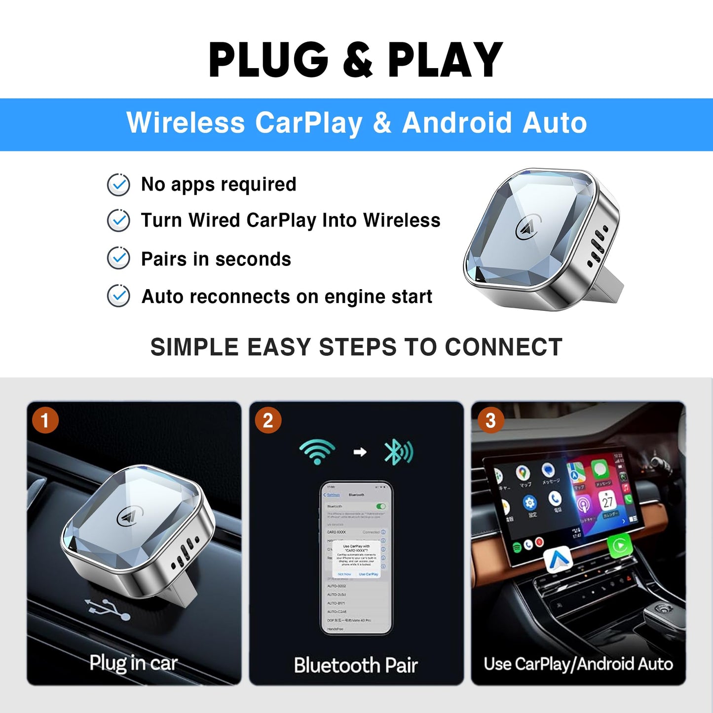 Wireless CarPlay Adapter 2026 Upgraded – 2-in-1 Suitable for Apple iPhone & Android, with Compact Size Plug-and-Play Convenience, and Fast Stable Connection for CarPlay & Android Applications (Sliver)