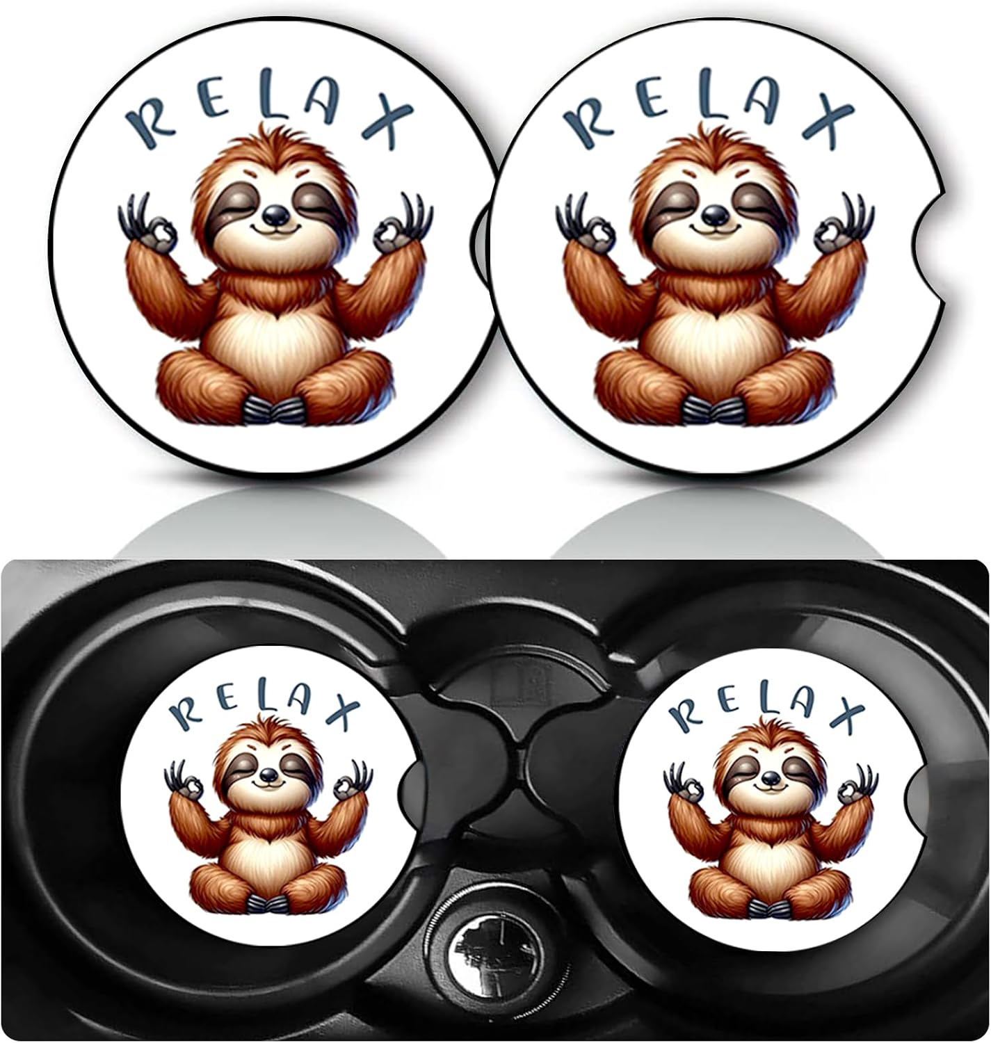 2Pack Sloth Car Cup Holder Coaster Neoprene Car Coasters BST326L