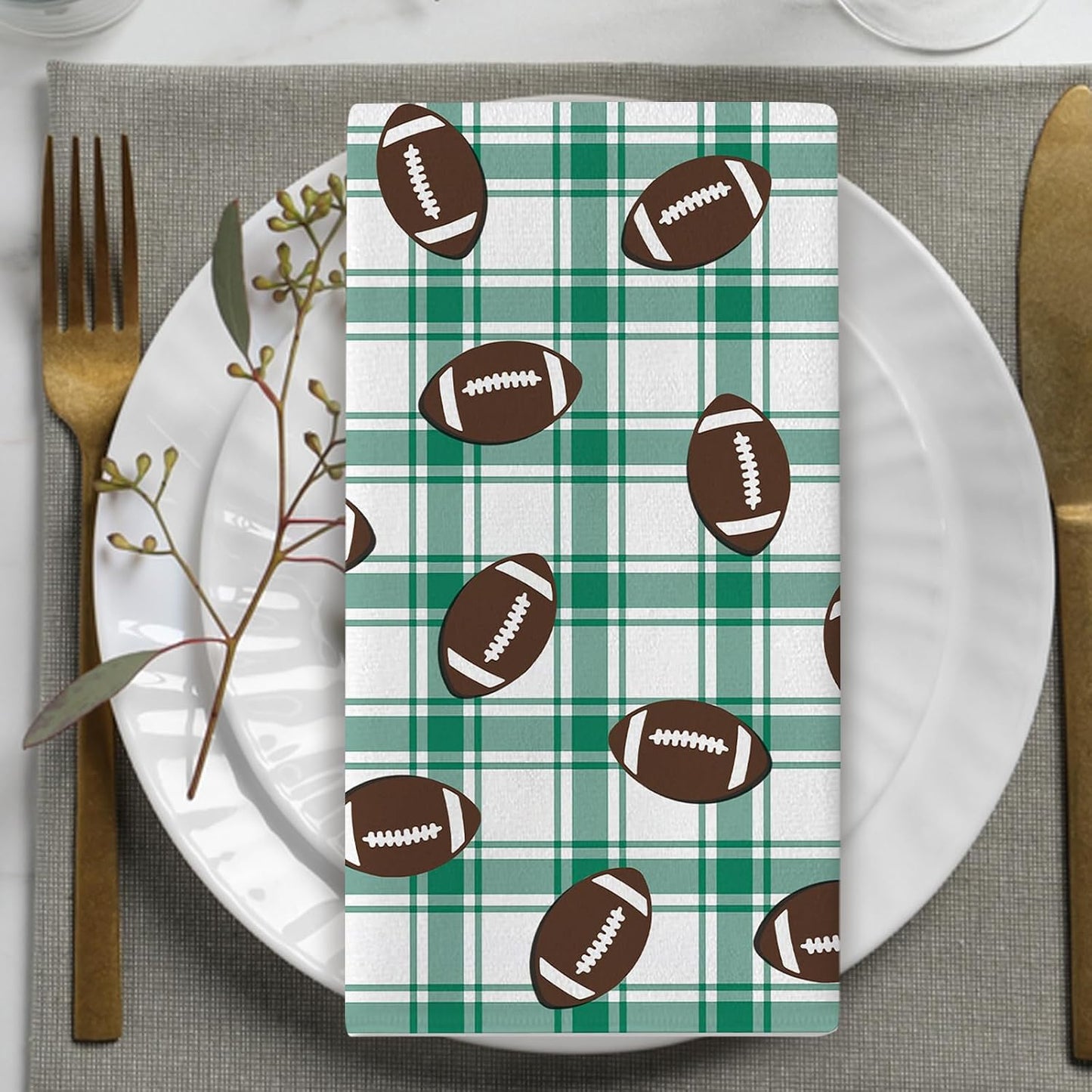 Football Season Kitchen Dish Towels Set of 2, Rugby Sport Game Day | Green Buffalo Plaid Drying Hand Towel Baking Cooking Cloth, Farmhouse Bathroom Home Decor Football Player Gifts 18'' x 26'' BST202