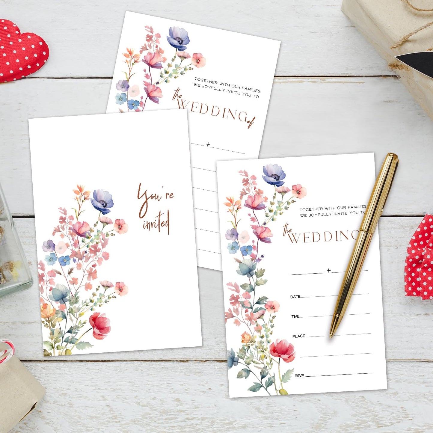 50 Years Anniversary Bridal Shower Invitations Cards, Set of 25 Gold Foil Floral Fill in Style 50th Year Wedding Invites Cards with Envelopes for Couples Marriage Party Supplies-T05 WN420