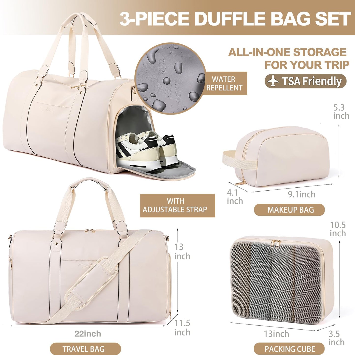 Large 4-in-1 Leather Duffle Bag for Travel Weekender Overnight Hospital Gym Bag for Men & Women, Carry On Airline Approved Personal Item Duffel Garment Bag Luggage with Shoe Compartment & Toiletry Bag BST326H