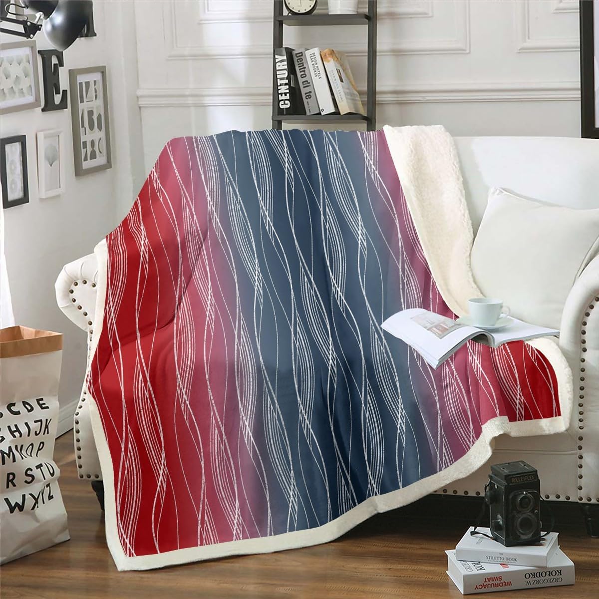 Erosebridal Boys Blue Red Throw Blanket 40"X50" Abstract Ombre Kids Fleece Bed Blanket Geometric Striped Sherpa Blanket Silver White Wavy Line Warm Fuzzy Blanket Soft Lightweight Bedroom Decor BST326H
