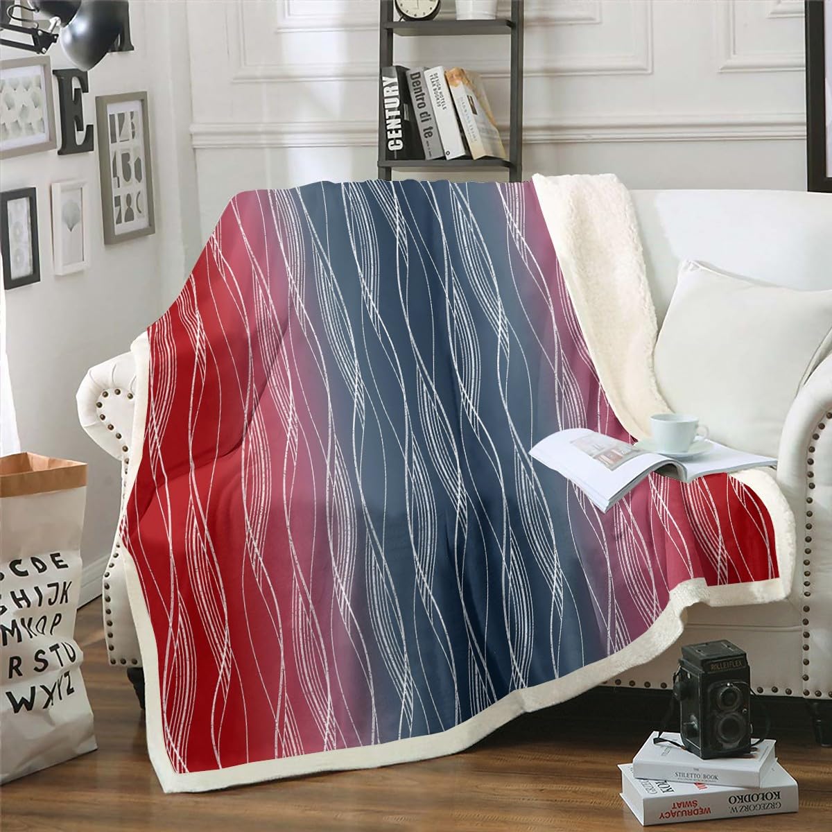 Erosebridal Boys Blue Red Throw Blanket 40"X50" Abstract Ombre Kids Fleece Bed Blanket Geometric Striped Sherpa Blanket Silver White Wavy Line Warm Fuzzy Blanket Soft Lightweight Bedroom Decor BST326H