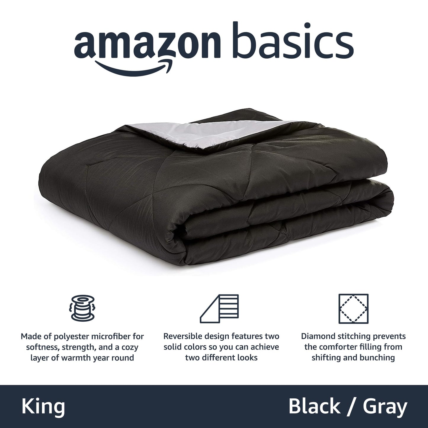 Amazon Basics Comforter Blanket, Reversible, Lightweight Microfiber, Machine Washable, All Season, Full/Queen, Black/Grey