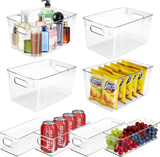 Set of 8 Clear Organizers and Storage Bins, 4 Large and 4 Small Stackable Plastic Storage Containers with Handles for Fridge, Freezer, Pantry, Cabinet, Kitchen Organization BST326H