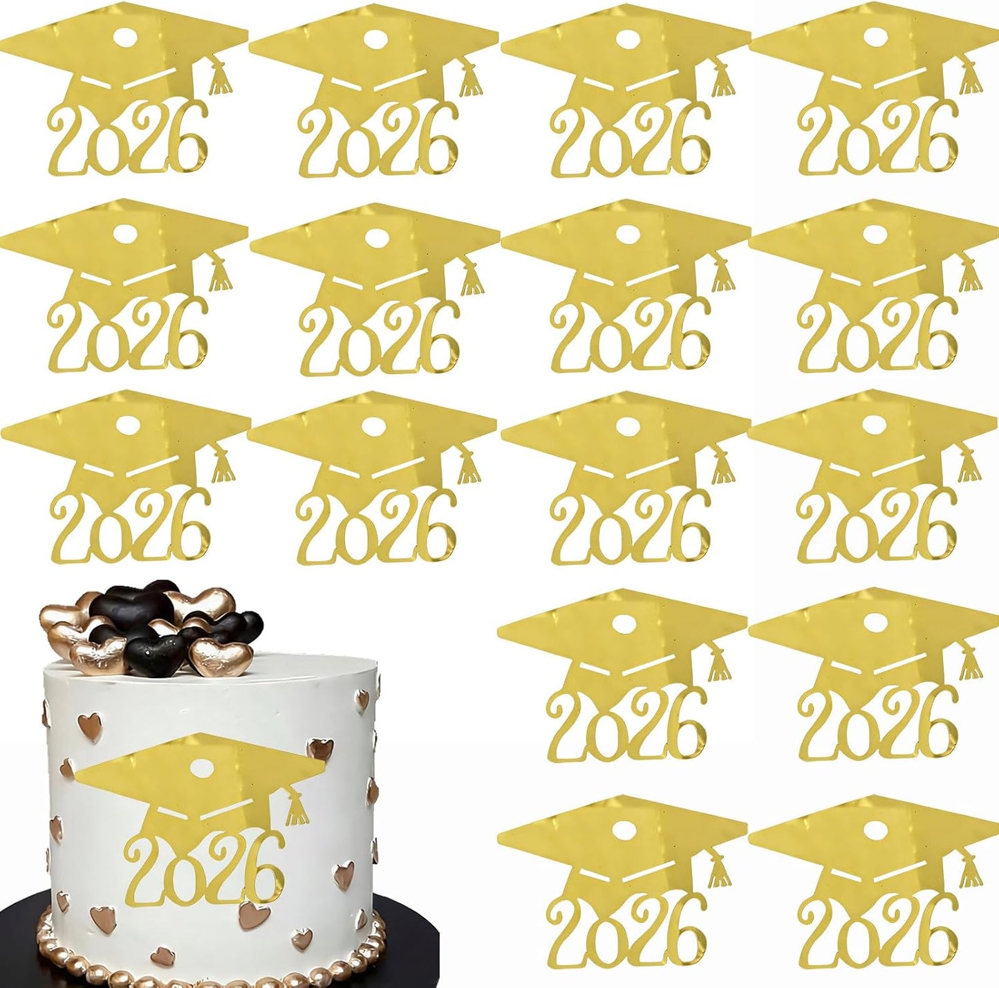 2026 Graduation Cake Toppers, 16 Pack Acrylic Gold Mirror Grad Cap Cake Decorations,Grad Hat Side Cake Toppers for Class of 2026 Party Supplies, High School College Graduation Cake Decorations BST220