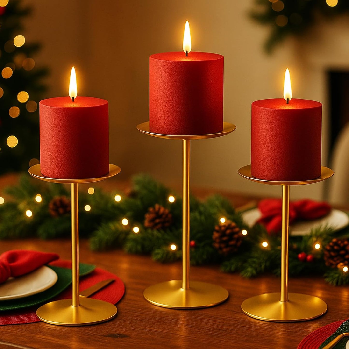 smtyle Gold Metal Candle Holder Sets for Pillar Candles Set of 3 Wedding Table Centerpiece Candle Holders, Minimalist Farmhouse Decor for Fireplace Mantel & Dining Room BST326H