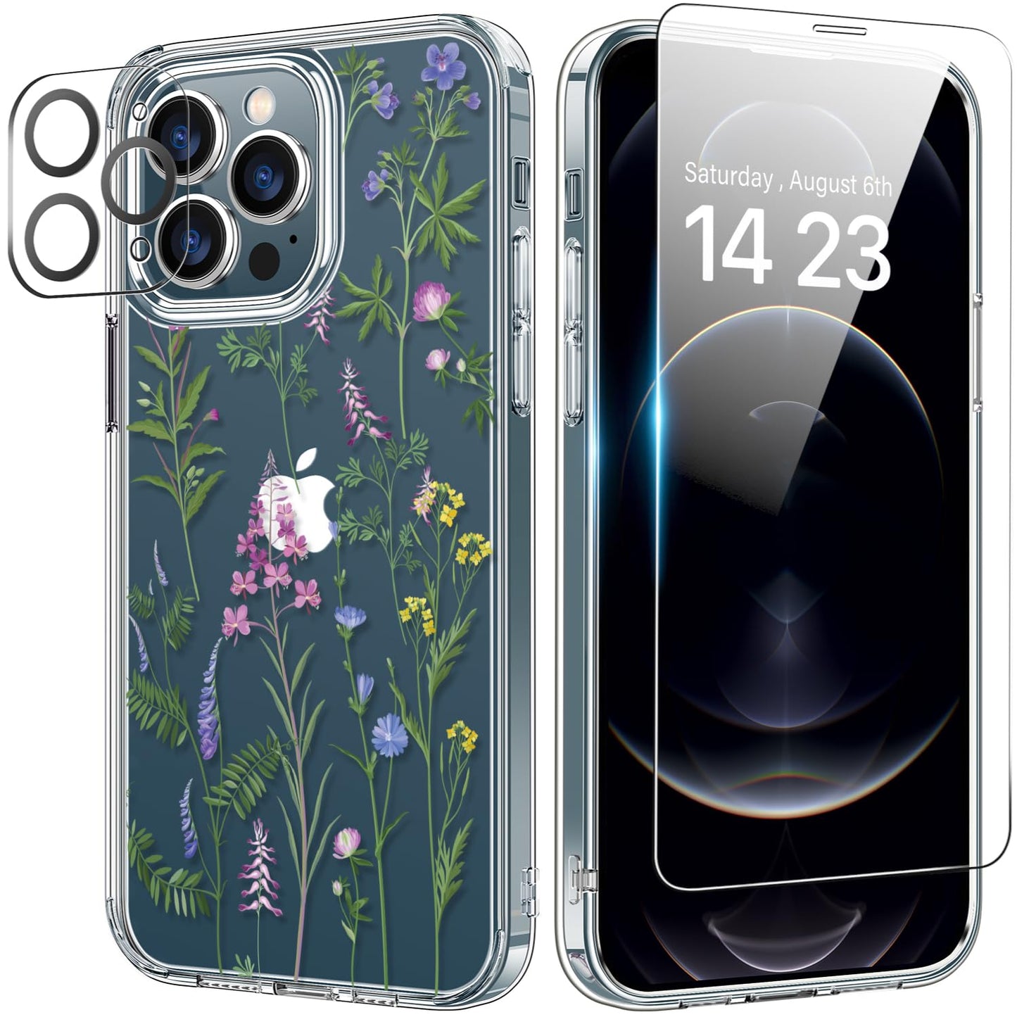 bicol for iPhone 12 Pro Max Case with Screen Protector and Camera Lens Protector - Fashionable Flower Floral Designs for Women Girls - Shockproof Acrylic Clear Phone Cover 6.7" - Blooming Flowers WN420