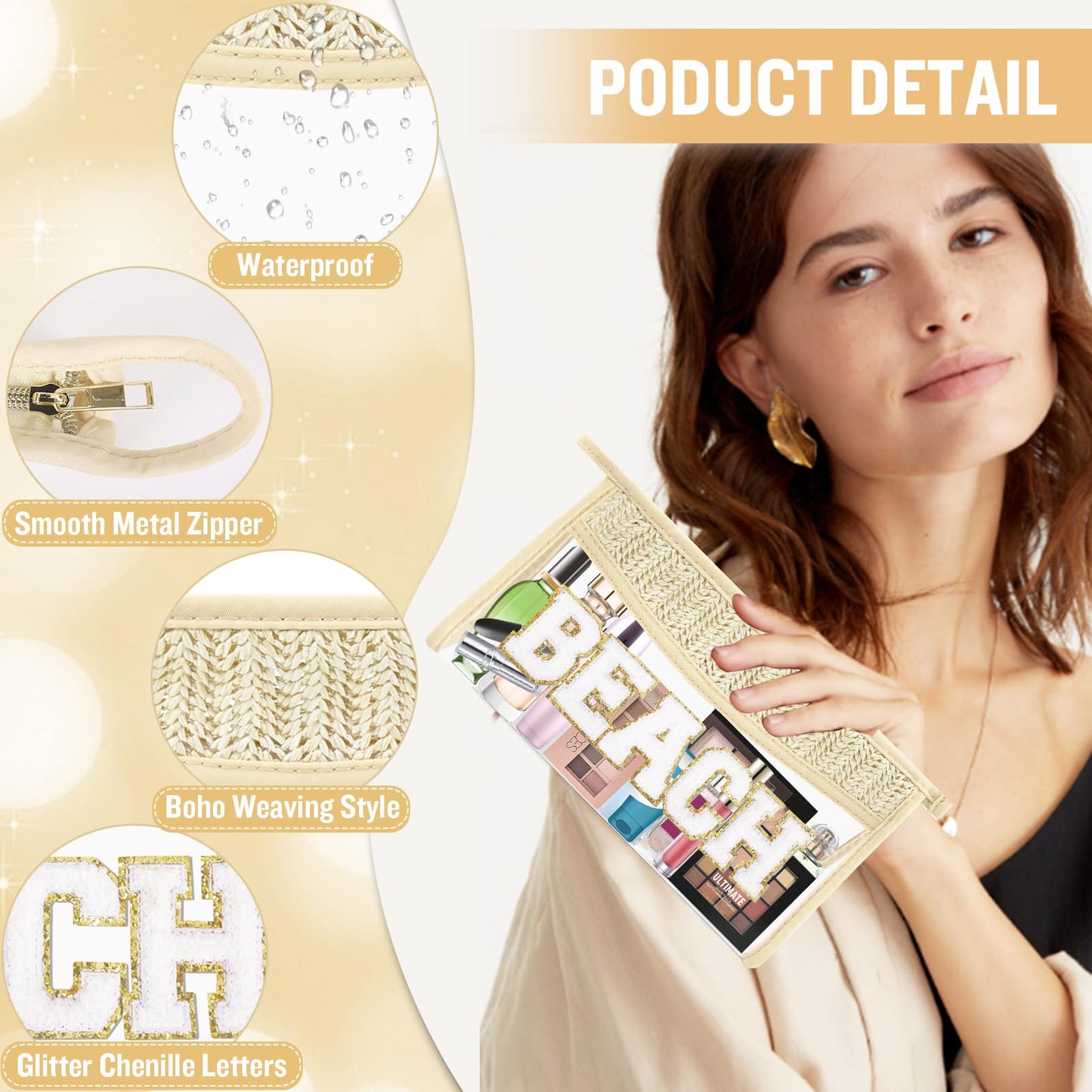 Boho Clear Makeup Bag Cosmetic Zipper Pouch Purse, Clear Toiletry Bags Travel Small Preppy Cute DIY Chenille Letter Bag, Transparent PVC Waterproof Clutch Make Up Organizer Storage Bag for Women Girls BST220