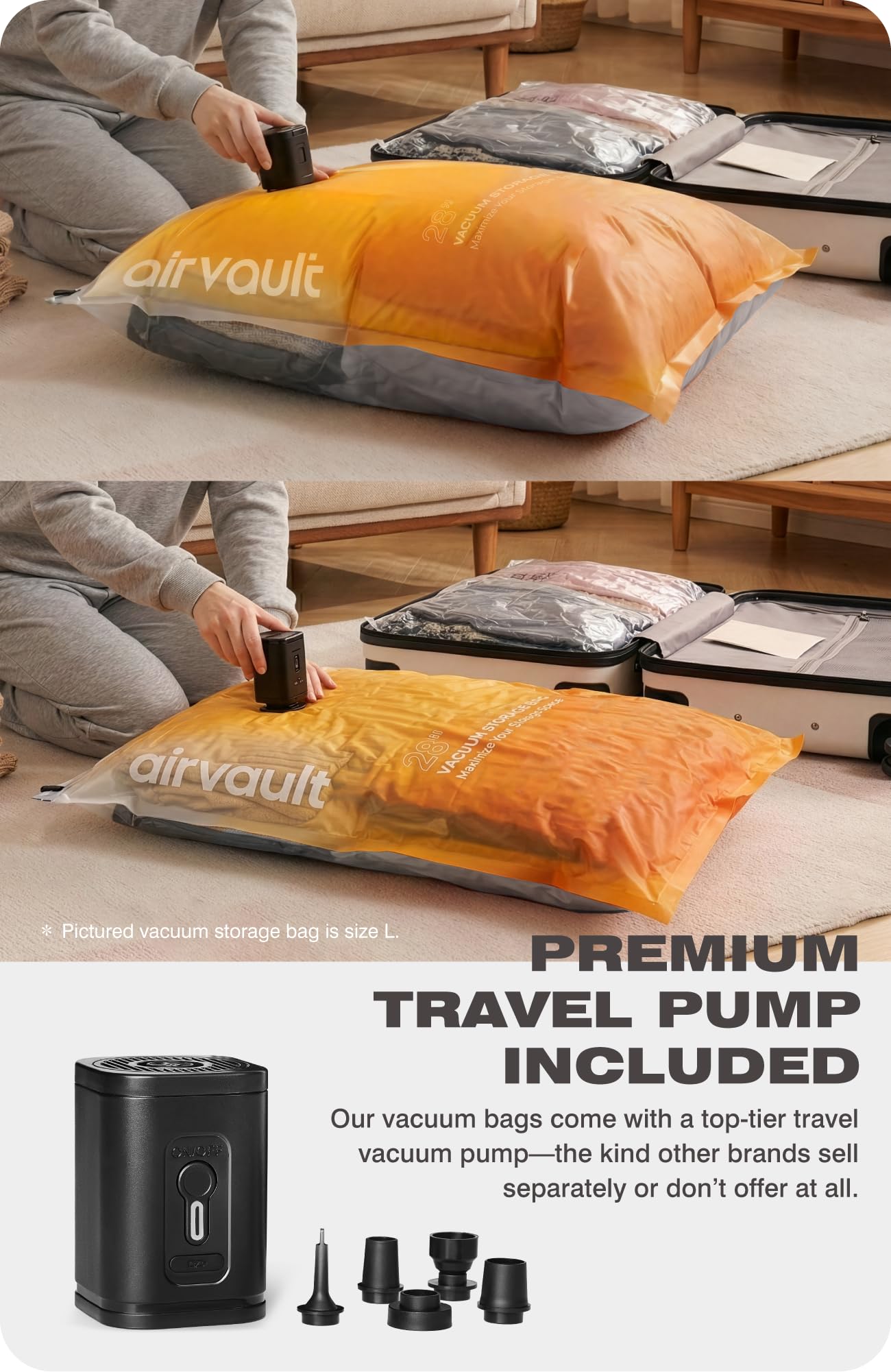AirVault Vacuum Storage Bags for Travel & Home - Space Saver Compression Packing Bags Set for Clothes, Blankets & Seasonal Storage, Small (5), Medium (5), Large (5) (Orange,15-Pack Combo) BST326H