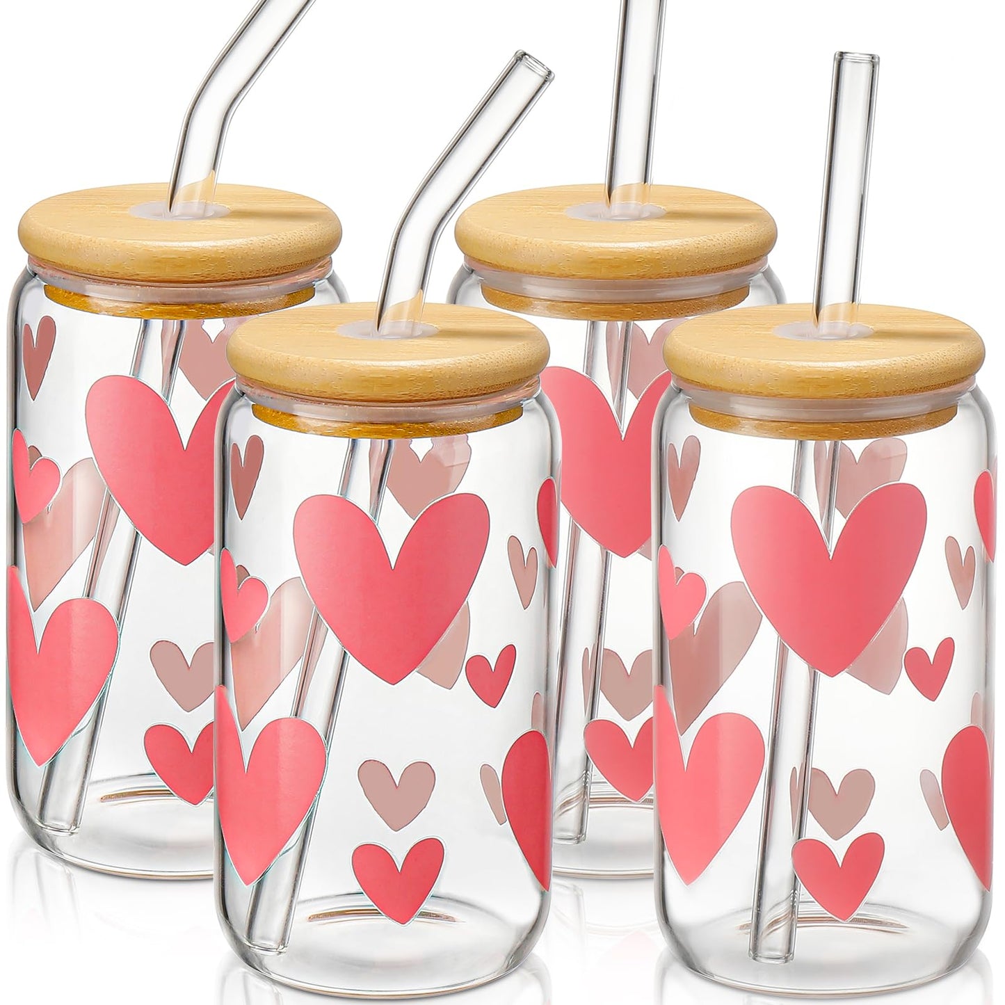 DWTS DANWEITESI Glass Cups “20oz”,Glass Cups with Lids and Straws 4 pcs-Coffee Cups,Drinking Glasses Set,Glass Tumbler with Straw and Lid Gift 2 Cleaning Brushes 600ml BST202