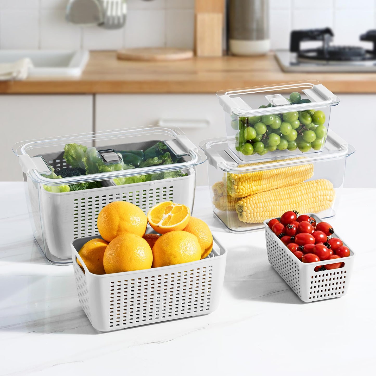 LUXEAR 4 Pack Fruit Vegetable Containers for Fridge, Produce Saver Container with Lids &Removable Colander BPA-free Refrigerator Storage Organizer for Fruit Vegetable, Berry, Meat keep Fresh Longer DD1210