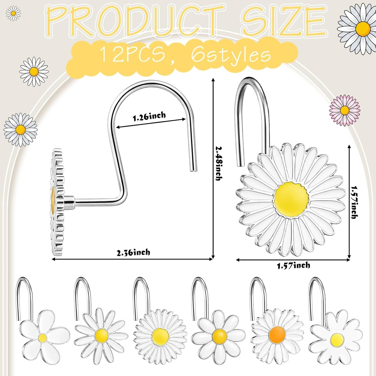 LEIFIDE 12 Pcs Spring Summer Metal Sunflower Shower Curtain Hooks SunflowerFlower Shower Curtain Hooks Floral Decorative Curtains Hangers Rings for Gifts Living Room Bathroom Decor BST326L