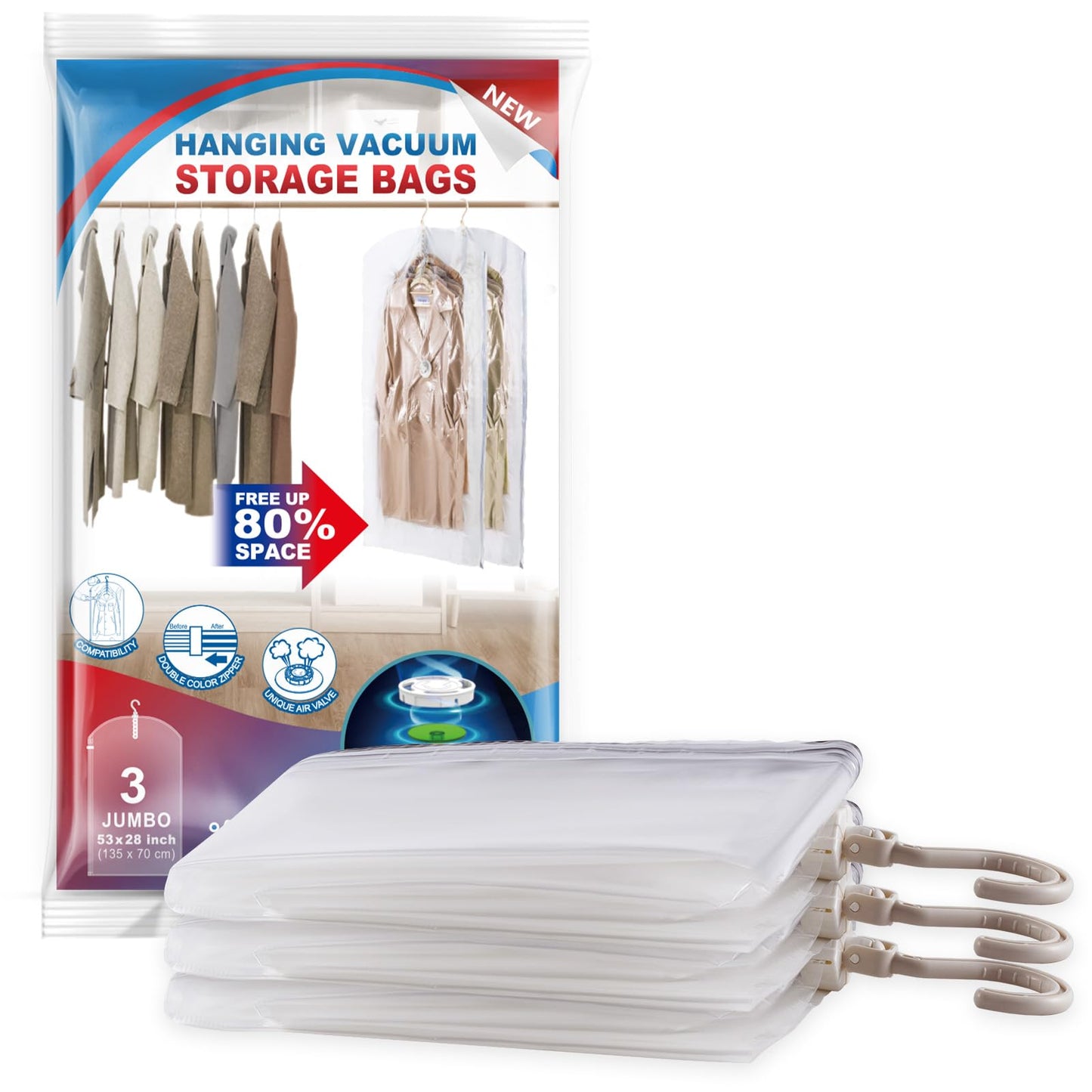 Hanging Vacuum Storage Bags, 6 Pack Hanging Storage Bags for Clothes With Electric Pump N27
