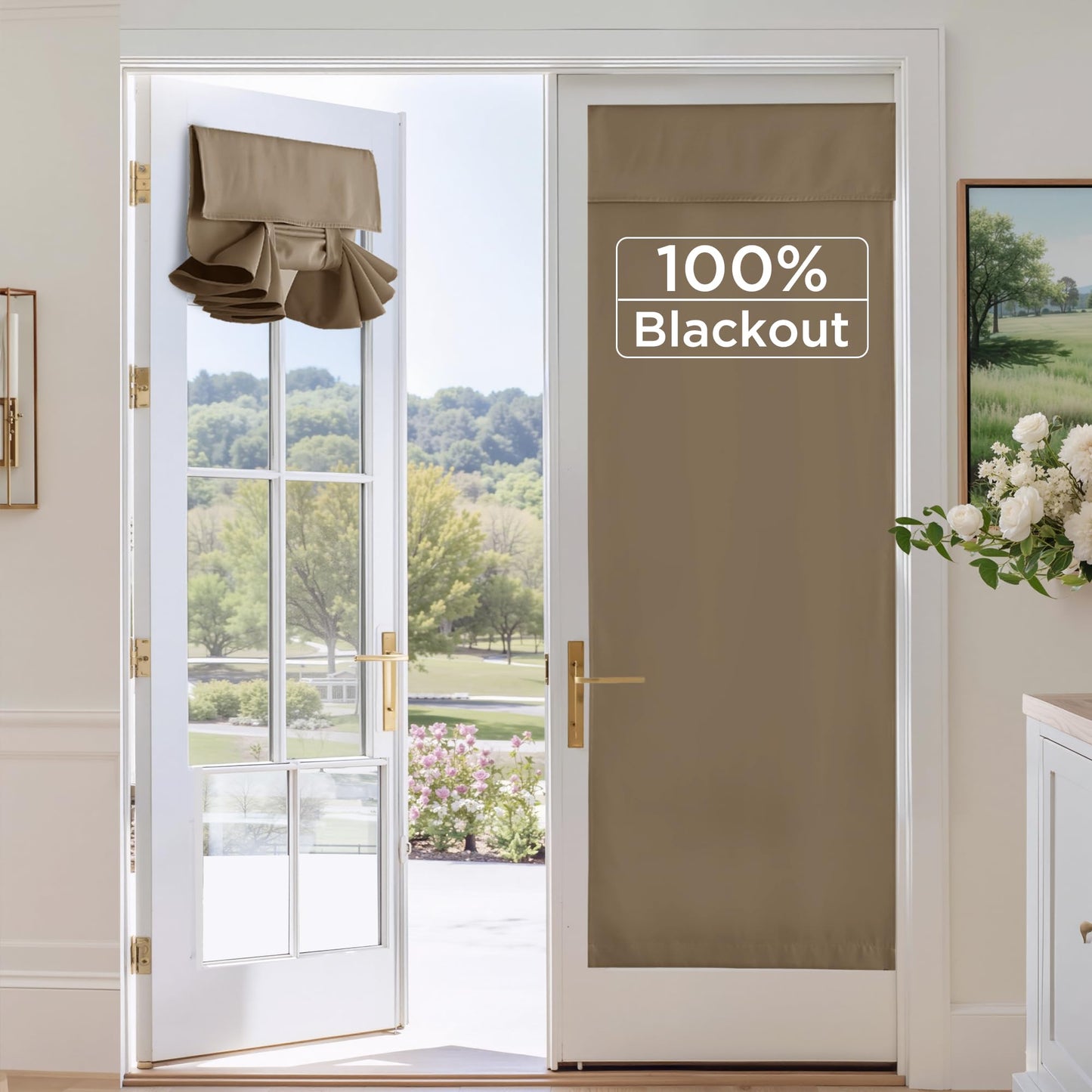 RYB HOME 100% Blackout French Door Curtains for Door Window - Room Darkening No Coating Thermal Insulated Privacy Protection Adhesive Cover for Glass Window, W 26 x L 40, 1 Panel, Black BST220