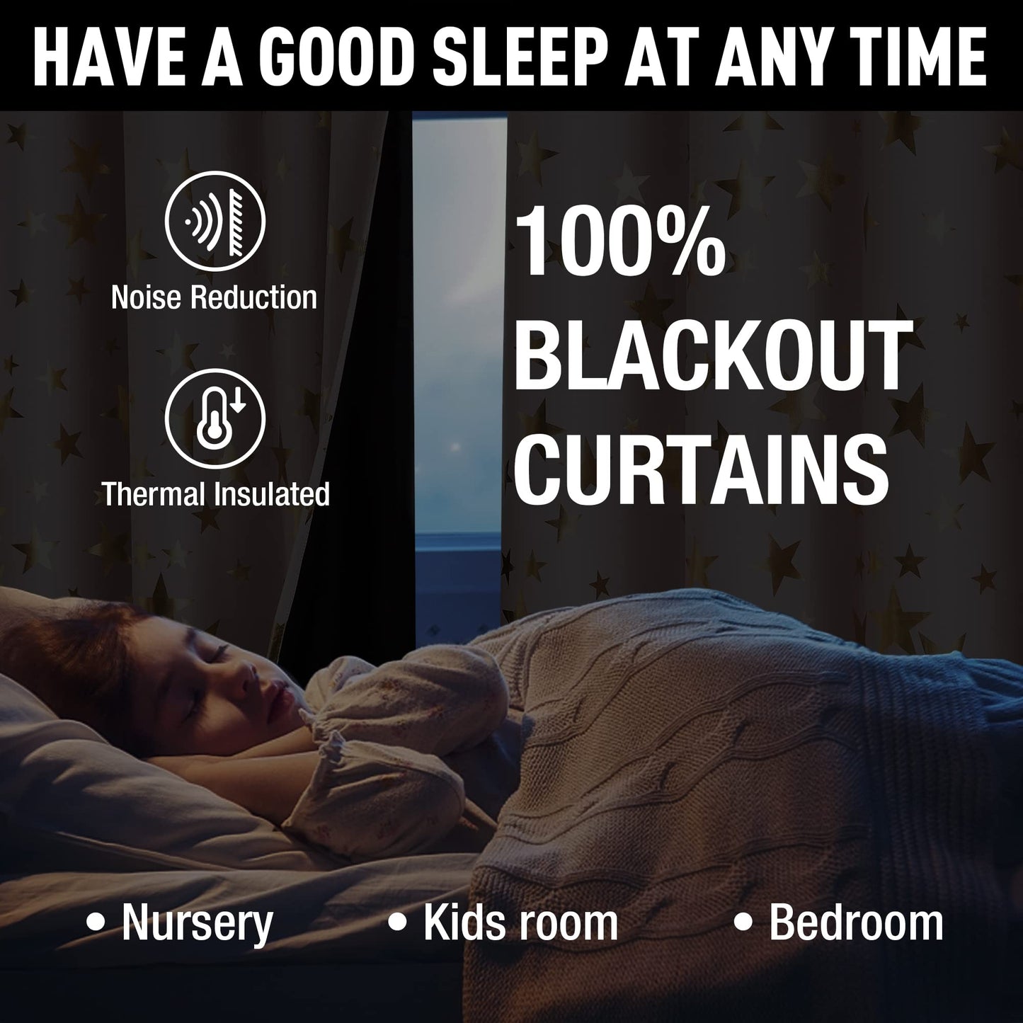 Treatmentex Gold Star Black Full Blackout Curtains for Boys Bedroom, Metallic Window Panels for Baby Nursery Room Grommet Top 2 pcs(Black Gold, 50x63in) BST202