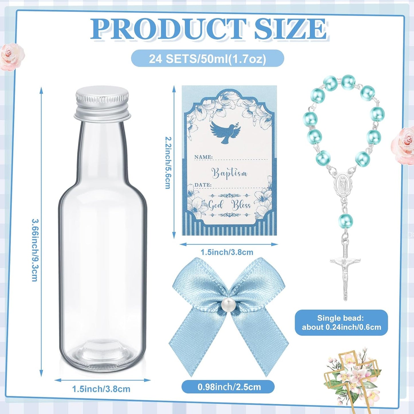 FillTouch 12 Sets Catholic Holy Water Bottle Baptism Rosary Set Baptism Favors 1.7oz Christian Water Container Empty Glass Holy Water Bottle for Easter Party Church Wedding Table Newborn (Blue) BST326H