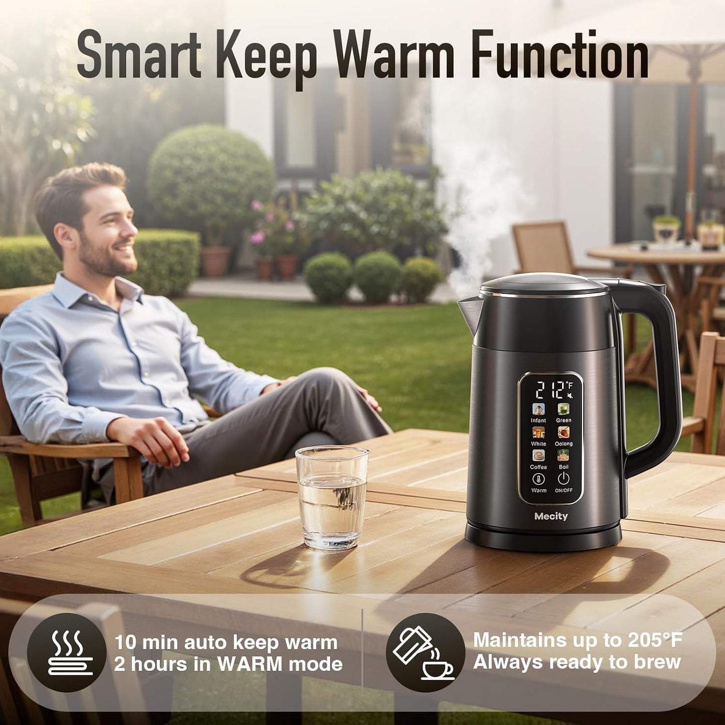 Mecity Electric Kettle 1.7L Touch Screen Temperature Control Water Boiler, No Plastic Contact with Water. 6 Preset Temperature Programs, 2 Hours Keep Warm, Auto Shut Off, Dark Grey DD1210