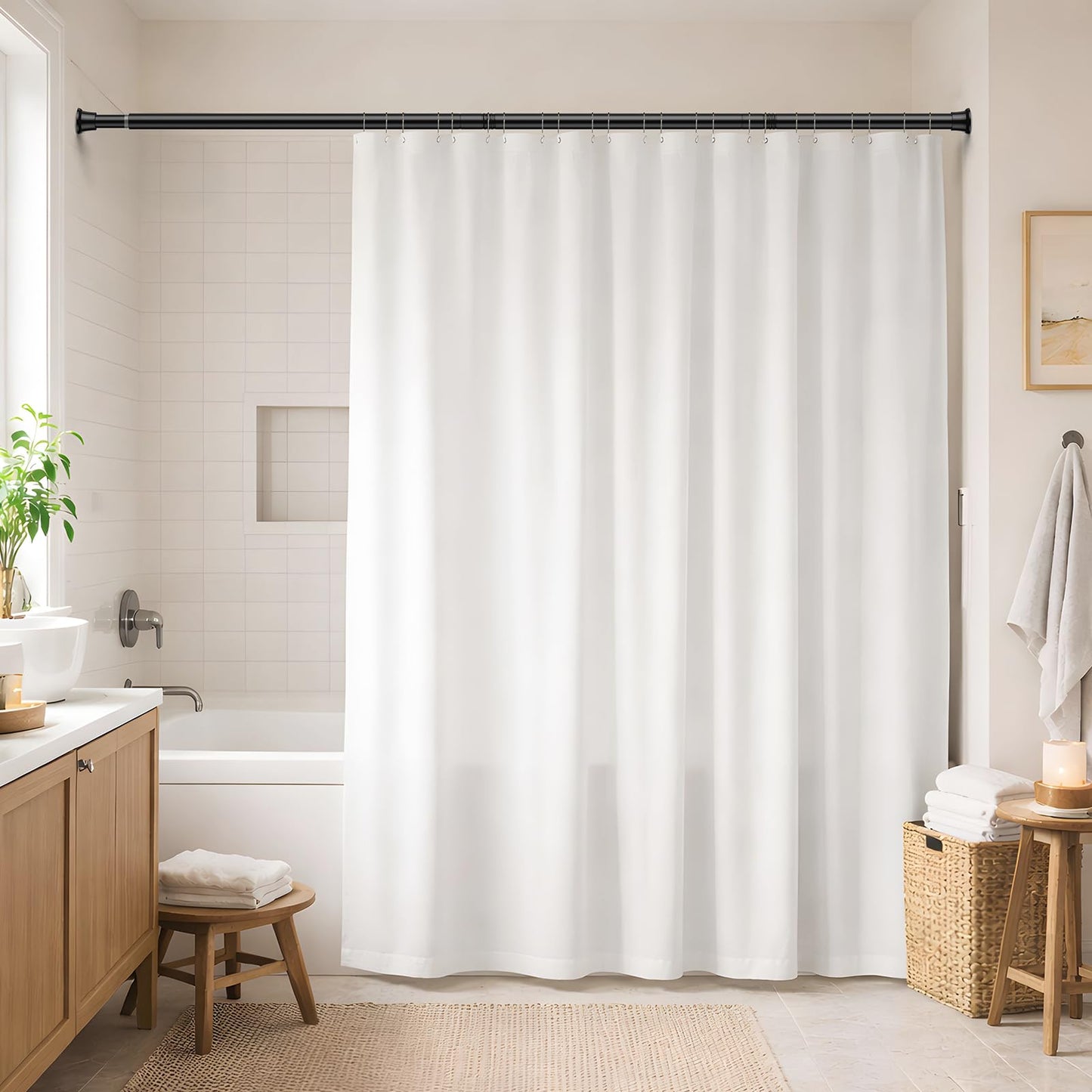 White Shower Curtain Rod 32 to 76 Inches Adjustable, 7/8 Inch Diameter Heavy Duty Tension Curtain Rods No Drill, Rust-Resistant Tension Rod for Bathroom, 1 Pack BST326H