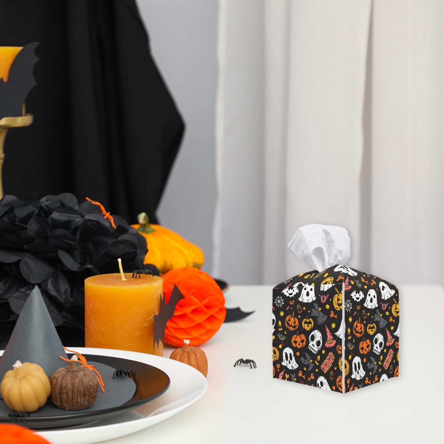 Spooky Tissue Box Cover Square - Ghosts & Bats Tissue Box Holder - Halloween Pumpkin Facial Paper Organizer Dispenser for Home Car Bathroom Office Bedroom Desk Tabletop Supplies & Decor - A11 BST220