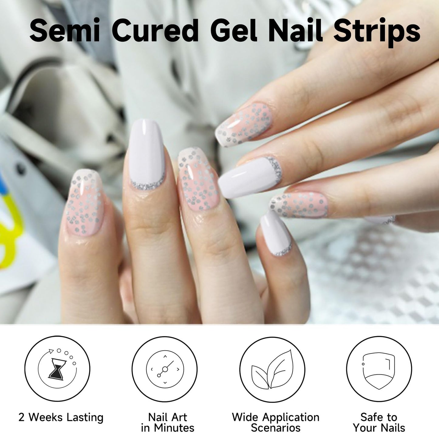 Semi Cured Gel Nail Strips, 56Pcs Nail Art Stickers/Wraps, Long Lasting UV Nail Polish Strips for Adults (Silver Rhinestones+French Tip Glitter) BST220
