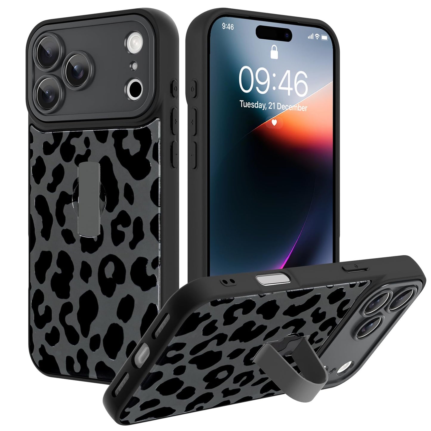 Compatible with iPhone 13 Case, Cute Cheetah Leopard Pattern | Built in Adjustable Wrist Strap Grip Hand Holder Stand Shockproof Kickstand Cover for Women Girls (Black White) WN420