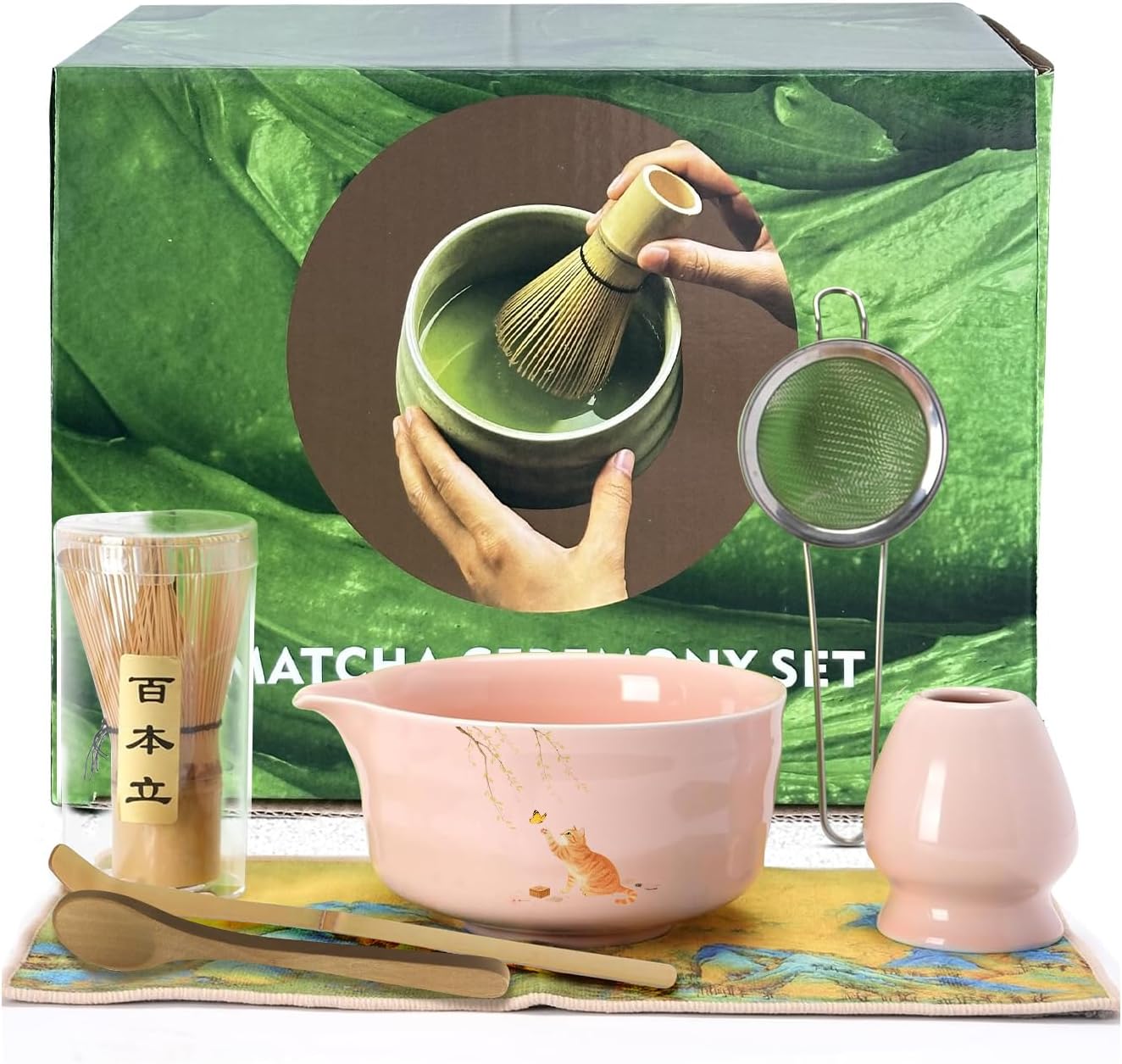 Matcha Whisk Set, 7PCS Matcha Set Includes Ceramic Matcha Set Includes Matcha Bowl, Matcha Whisk and Holder, Bamboo Scoop, Scoop Rest, Sifter and Tea Towel, Gift Bag (Pink) WN420