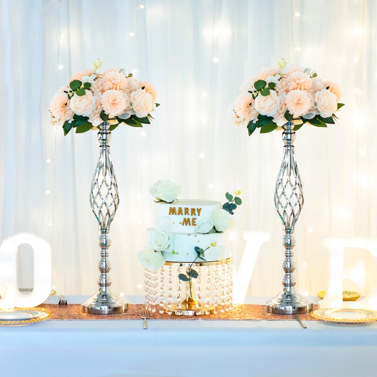 2pcs Metal Silver Candle Holders Road Lead Table Centerpiece Stand Pillar Candlestick for Wedding Candelabra Flowers Vases WN420
