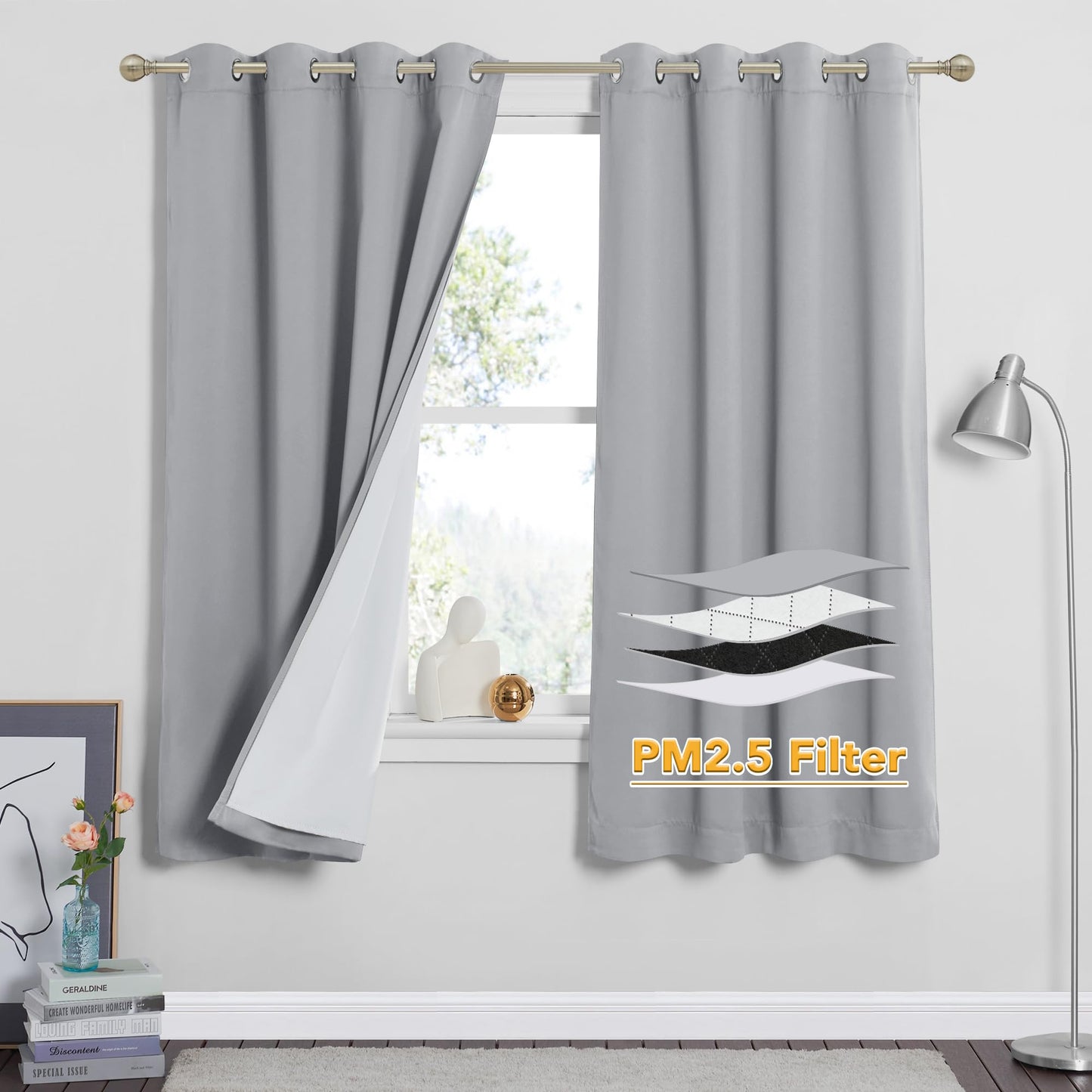 RYB HOME 4-in-1 Dust Filtering Soundproof Blackout Insulating Privacy Window Curtains for Nursery Bedroom Living Room Rivider Sound Absorption Sheet, Black, W52 x L90 inch, 2 Panels BST220