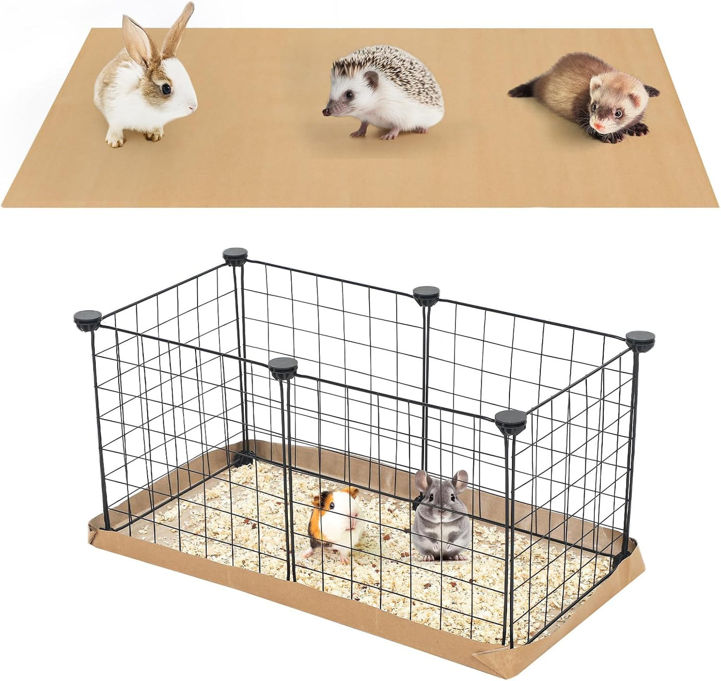 AmazingSpark 14 Pcs Guinea Pig Cage Accessories Include 12 Pcs 4.1 x 2.1 ft Disposable Guinea Pig Cage Liner 2 Pack 35 oz Pet Shavings Bedding Waterproof Kraft Bottom for Small Animal Hamster Rabbit WN420