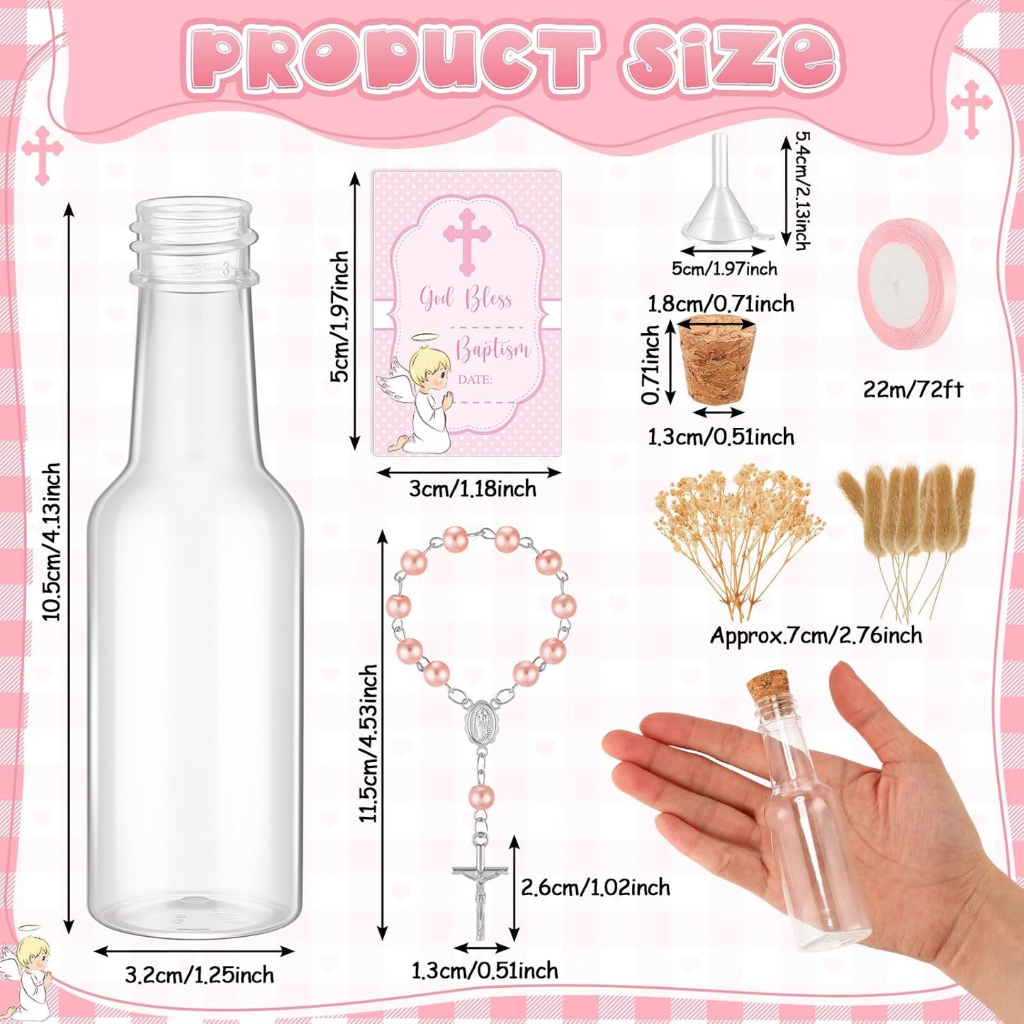 Highergo 50 Set Catholic Holy Water Bottles Cross Rosary Set Baptism Party Favors 50ml Christian Clear Plastic Holy Water Containers Cork Stopper for Church First Communion Wedding Table Newborn(Pink) BST326H