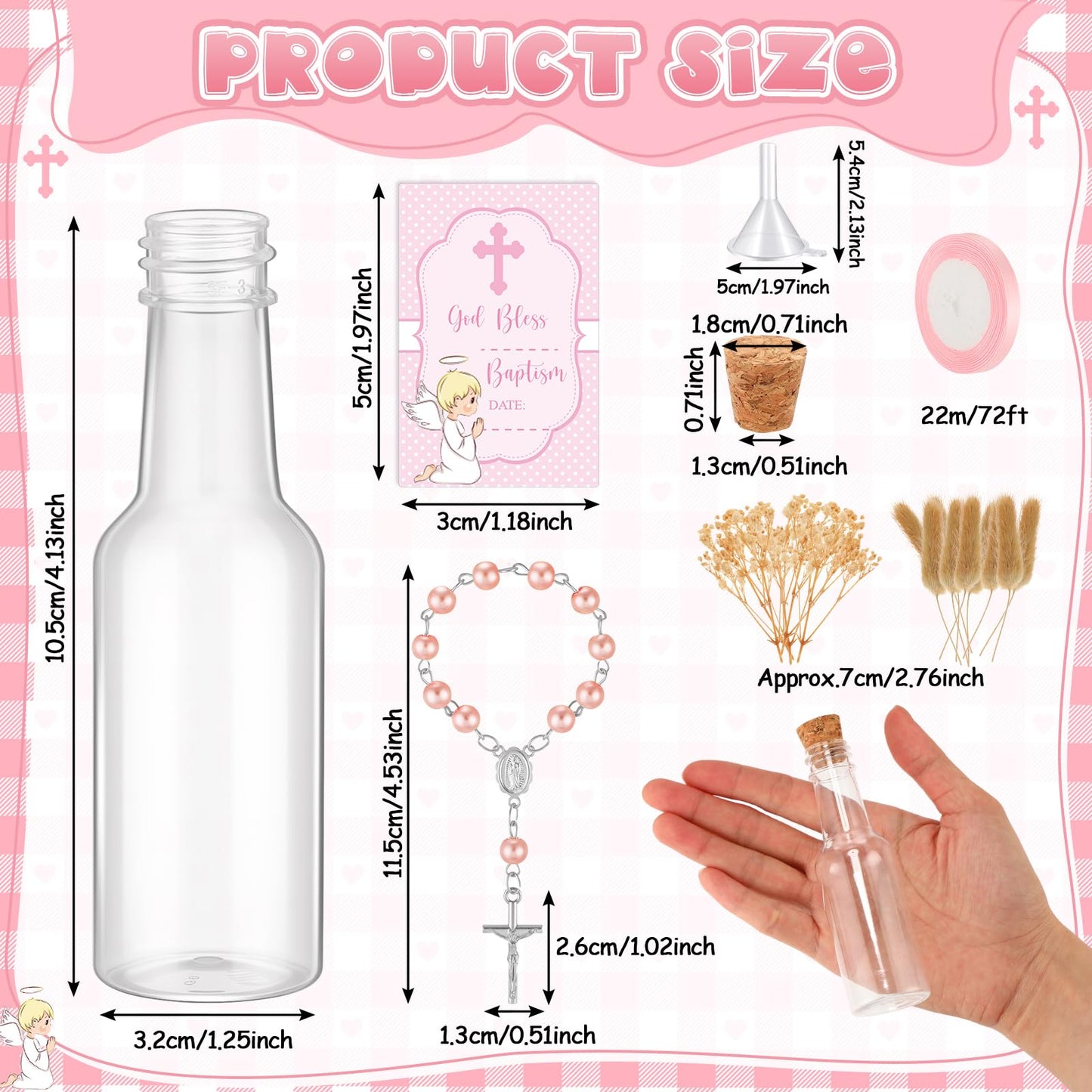 Highergo 50 Set Catholic Holy Water Bottles Cross Rosary Set Baptism Party Favors 50ml Christian Clear Plastic Holy Water Containers Cork Stopper for Church First Communion Wedding Table Newborn(Pink) BST326H