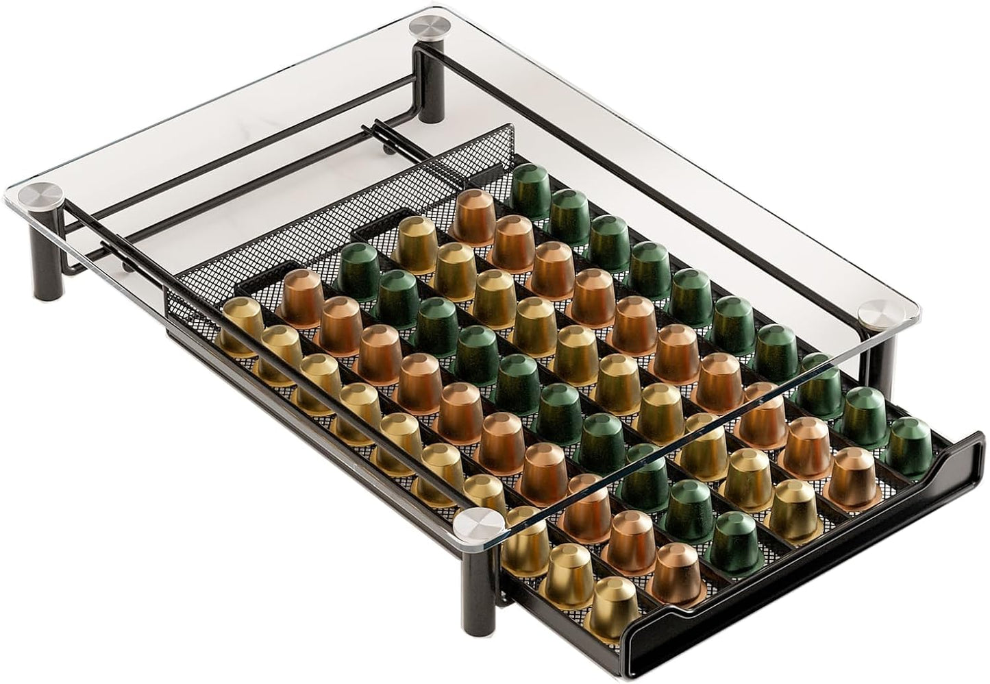 SEVENLINE Crystal Tempered Glass Coffee Pod Storage Drawer Compatible with Nespresso OriginalLine Capsules Holder 60 Original Line Pods Holds Kitchen Organizer BST220