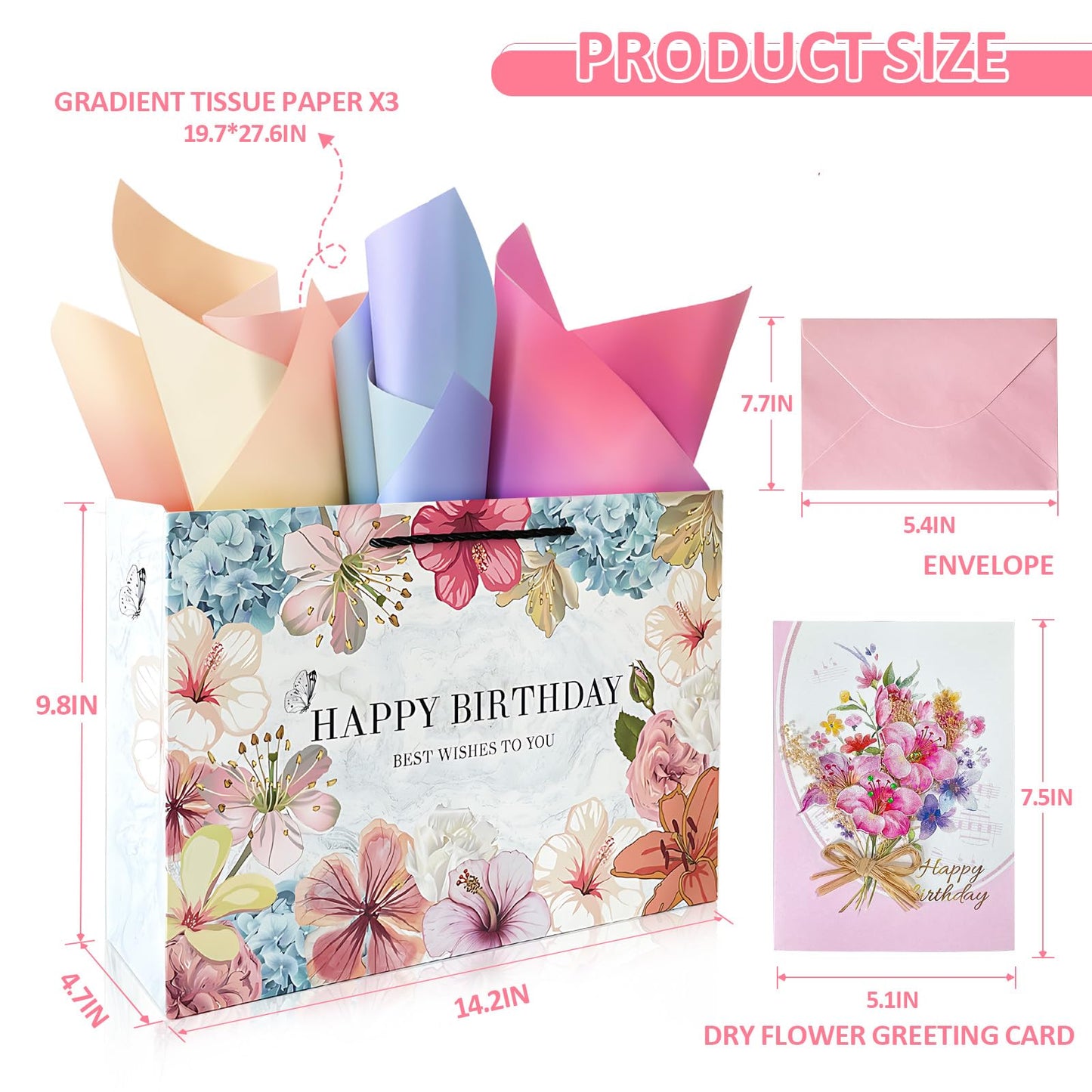 Kecorax Birthday Gift Bag for Women, 14" Large Birthday Bags Set for Girls with Tissue Paper, Card and Ribbons, Suitable for Birthday-themed Parties BST220