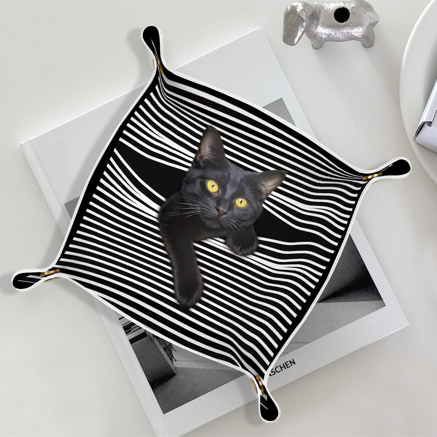 Marble Jewelry Valet Tray for Women Men, Black and Gold Marble PU Leather Catchall Beside Caddy Nightstand Organizer Tray for Jewelry Rings Watches Keys and Accessories, 7.87x7.87in BST220