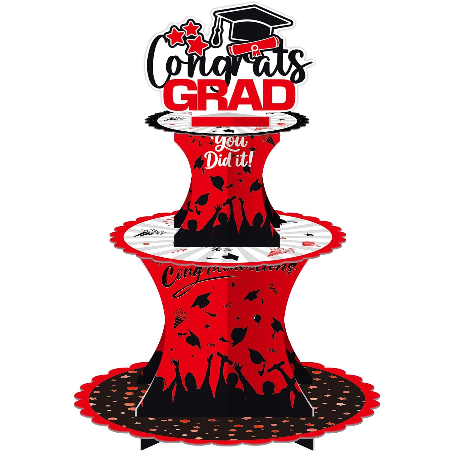 Graduation Cupcake Stand Decoration, 3 Tier Congrats Grad Party Cupcake Holder Tower, Cardboard Grad Theme Dessert Cookies Stand for Graduation Party Supplies Favors (Black & Gold) BST220