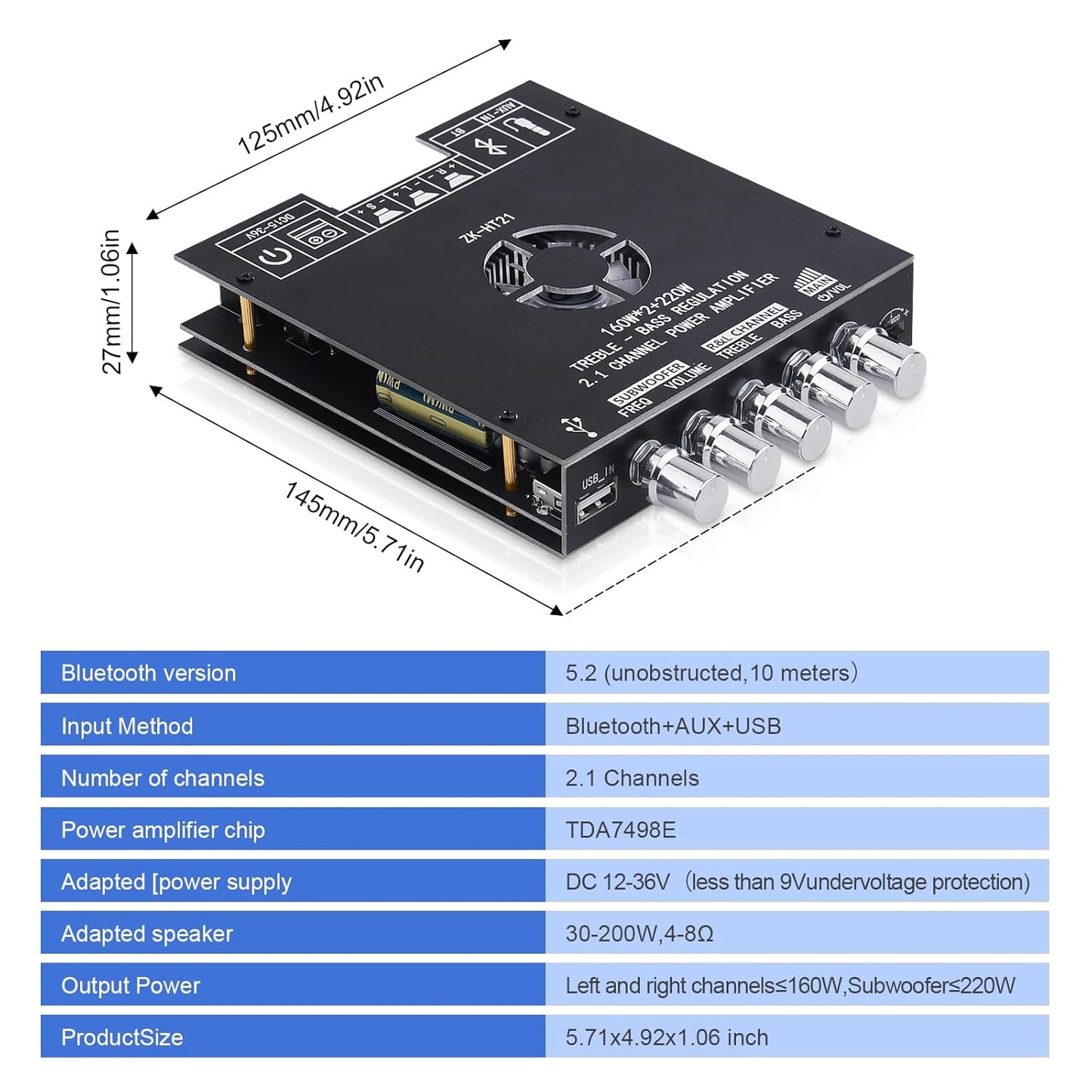 ZK-HT21 Bluetooth Amplifier Board 160W×2+220W Subwoofer 2.1 Channel Audio Amplifier Bluetooth Module with Treble and Bass Control,AUX/Bluetooth/USB Inputs for Passive Speakers