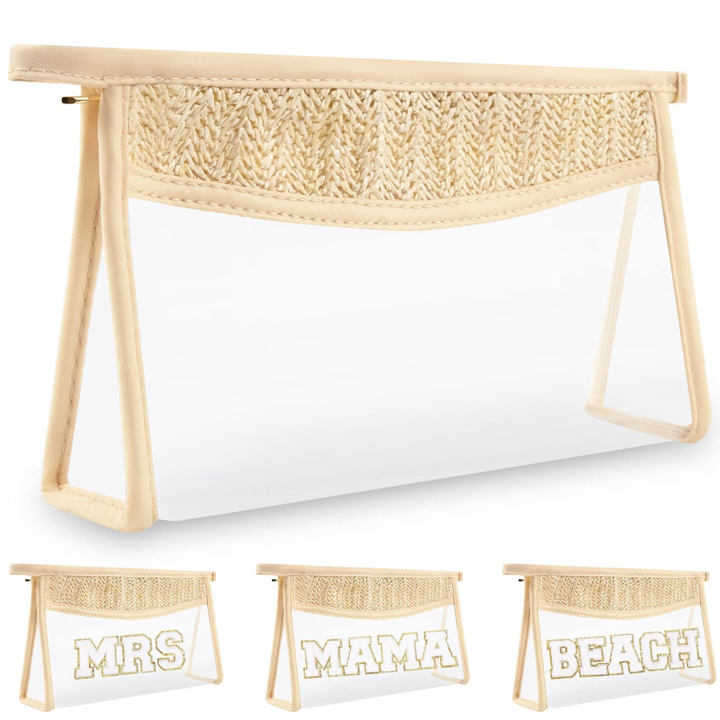 Boho Clear Makeup Bag Cosmetic Zipper Pouch Purse, Clear Toiletry Bags Travel Small Preppy Cute DIY Chenille Letter Bag, Transparent PVC Waterproof Clutch Make Up Organizer Storage Bag for Women Girls BST220