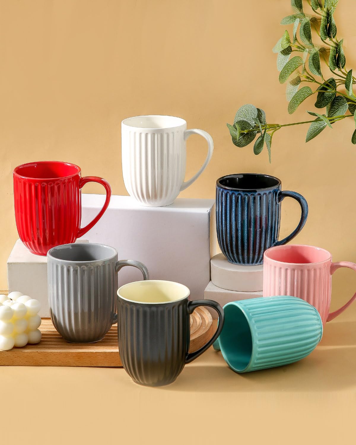 HASENSE Textured Large Coffee Mugs Set of 4, 16 Oz Ribbed Ceramic Cups with Large Handle for Latte Tea Cappuccino, Stackable Embossed Mug Set for Mom Dad, Microwave Dishwasher Safe, Creamy White BST220