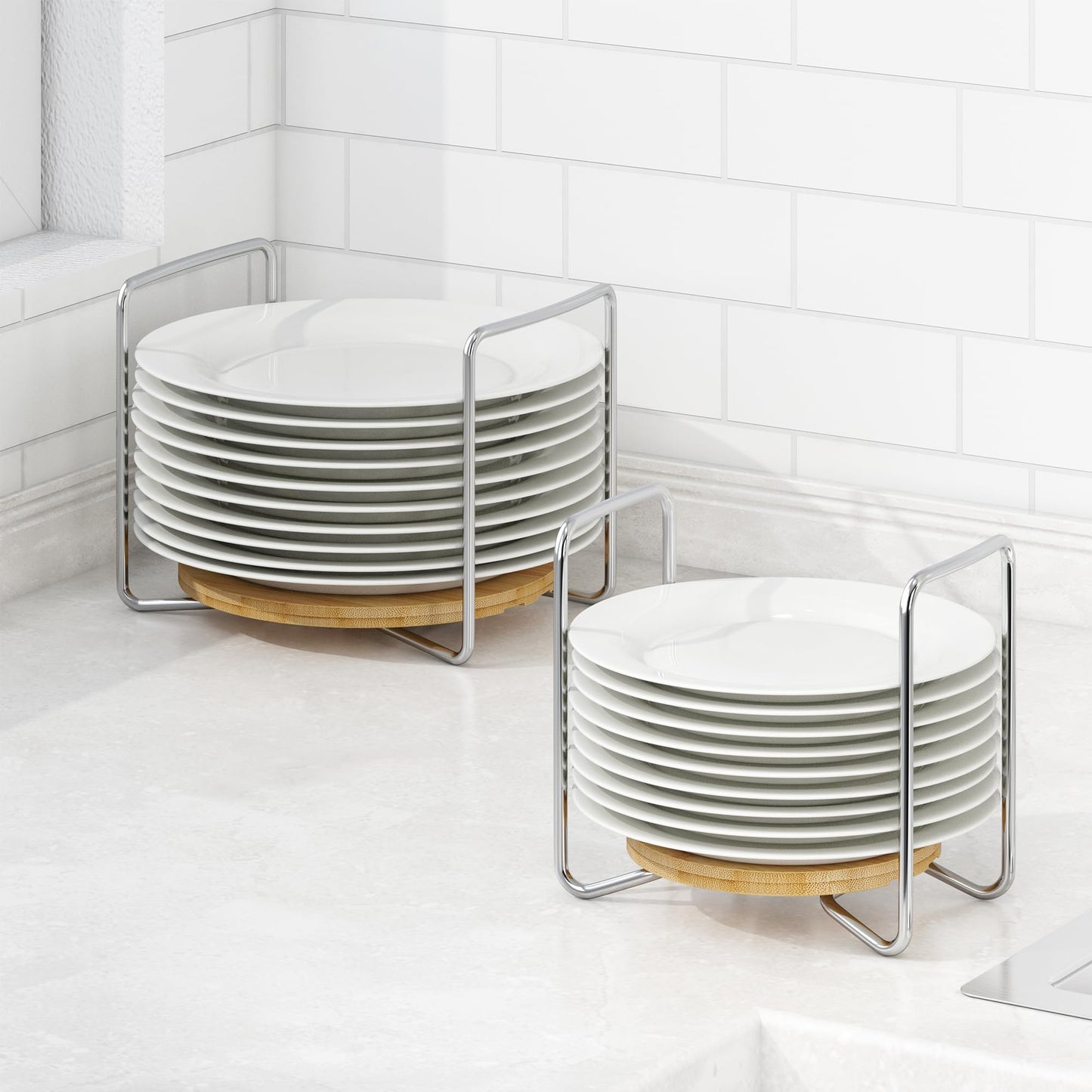 Plate Organizer for Kitchen Counter Bamboo Dish Racks for Cabinet Plate Holder for Kitchen Drawer Storage 2 Pack Adjustable for 6.75" to 8.5" Stainless Steel 304 Portable Handle BST220