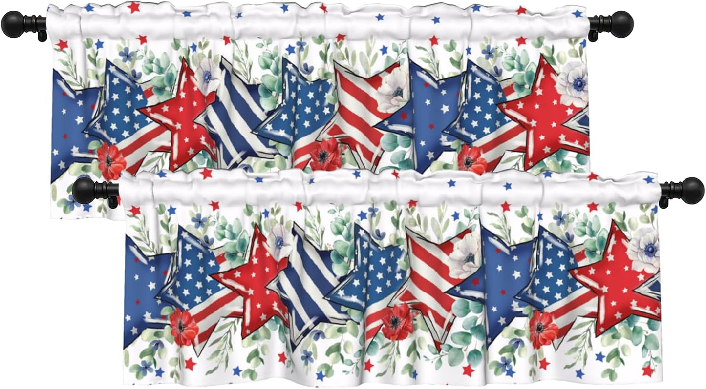 Patriotic Valance for Kitchen 2 Pack 54"x18" American Flag Curtains for Windows Red White Blue Stars 4th of July Independence Day Eucalyptus Leaf Window Treatment Rod Pocket Valance for Home Decor BST326L