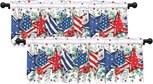 Patriotic Valance for Kitchen 2 Pack 54"x18" American Flag Curtains for Windows Red White Blue Stars 4th of July Independence Day Eucalyptus Leaf Window Treatment Rod Pocket Valance for Home Decor BST326L