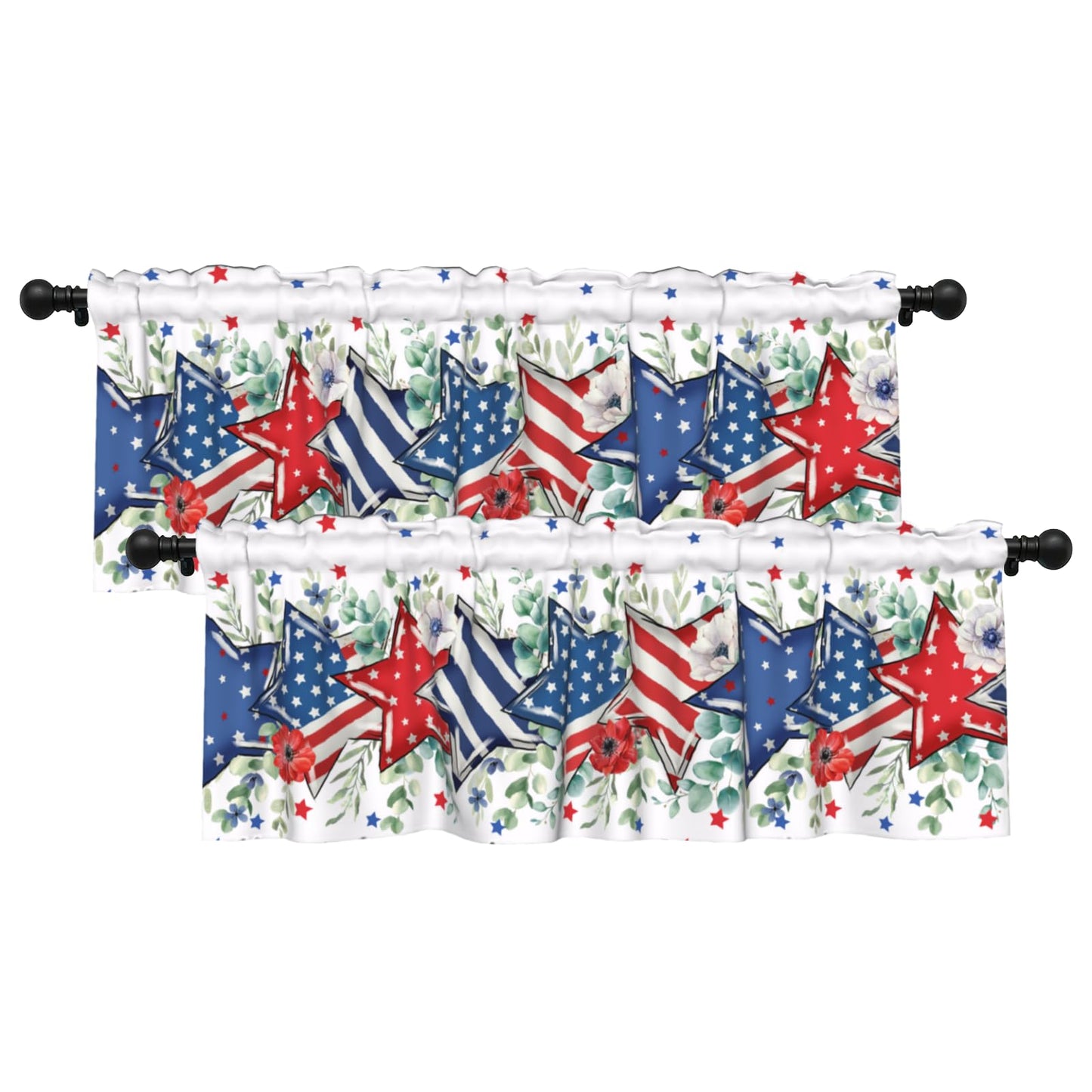 Patriotic Valance for Kitchen 2 Pack 54"x18" American Flag Curtains for Windows Red White Blue Stars 4th of July Independence Day Eucalyptus Leaf Window Treatment Rod Pocket Valance for Home Decor BST326L