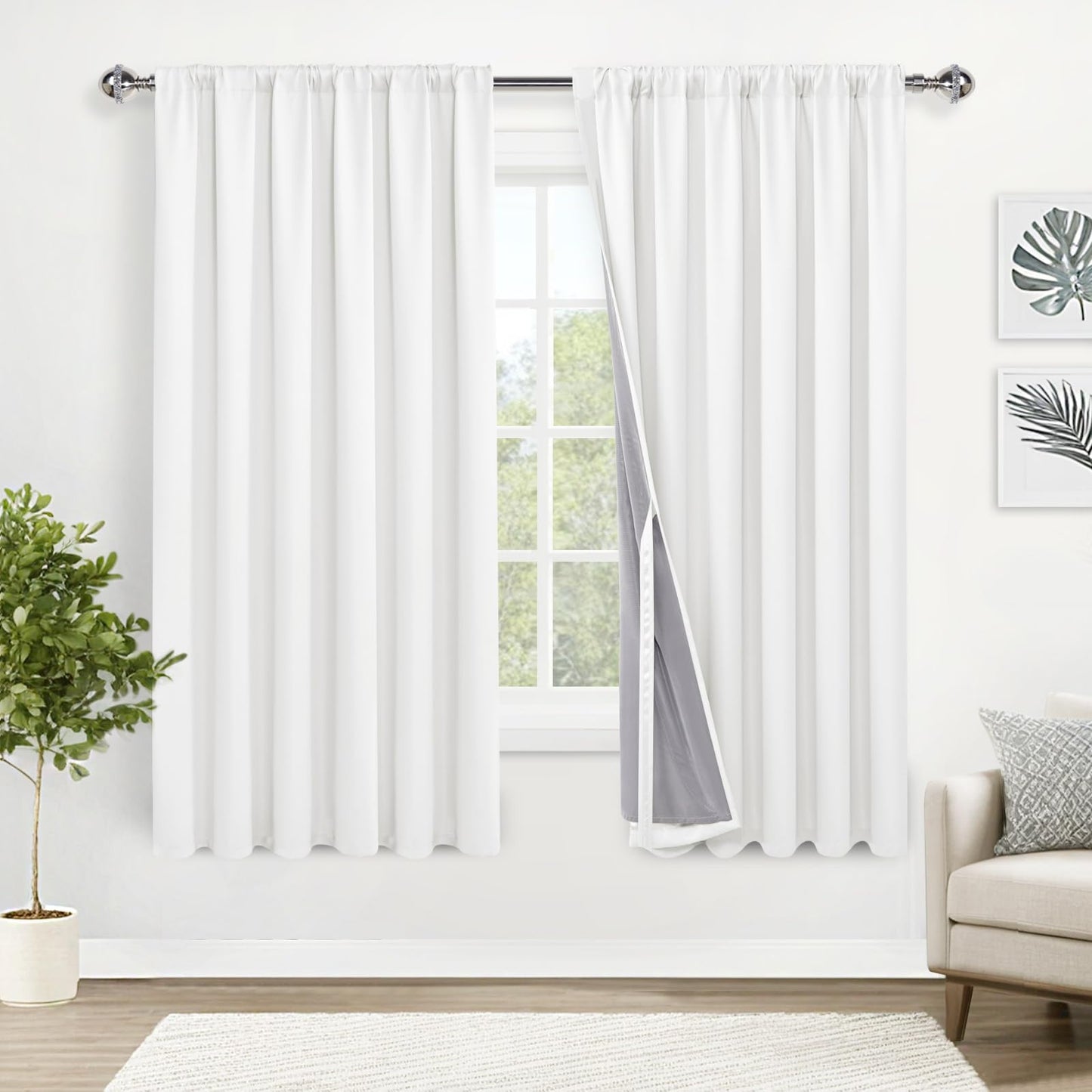 XWZO White Blackout Curtains with Tiebacks - Rod Pocket & Back Tab Heat and Full Light Blocking Window Panels for Bedroom/Nursery, 84 Inches Long Thermal Insulated Draperies, W42 x L84, Set of 2 BST326H