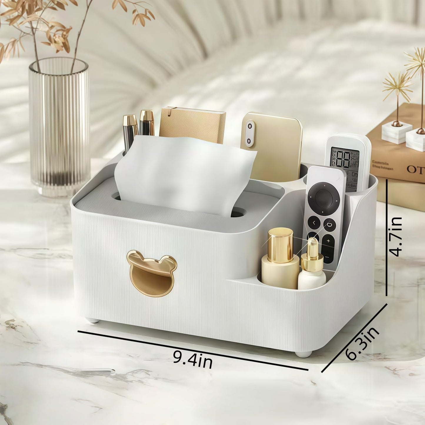 Multifunctional Tissue Box Cover with Storage,Square Tissue Box Holder and Remote Box,Modern Cube Tissue Cover Bedside Organizer for Nightstand End Table. BST220