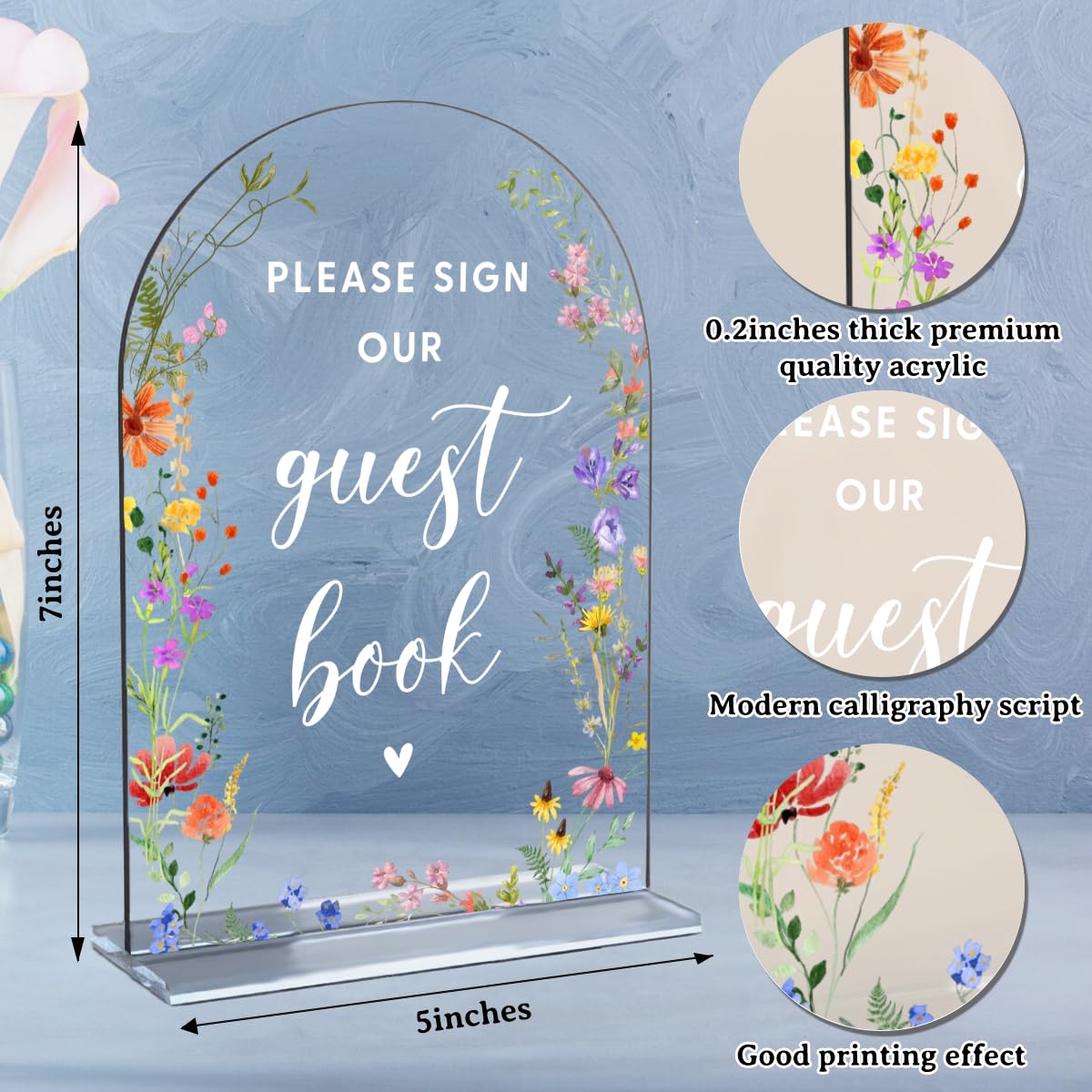 Acrylic Wedding Signs, Pick A Card Signs for Marriage Reception, Bridal Shower Decorations, Modern Arched Round Top Acrylic Table Top Sign with Holder for Wedding Party Dinner (Clear Wildflowers) BST326L